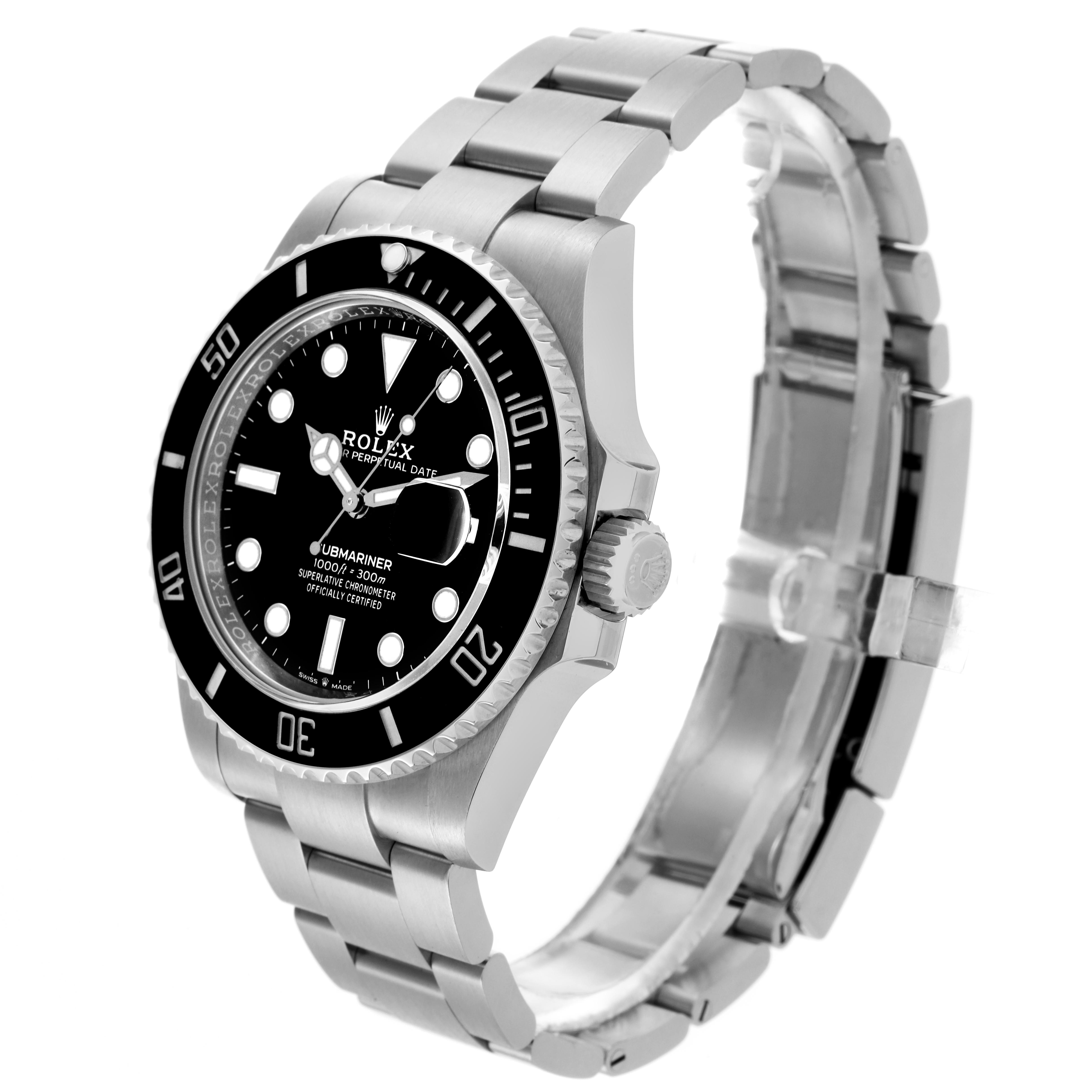 The image shows a Rolex Submariner 126610LN Men's Stainless Steel Black Dial 126610LN Men's Stainless Steel Black Dial watch at a three-quarter angle, highlighting the dial, bezel, crown, and bracelet.