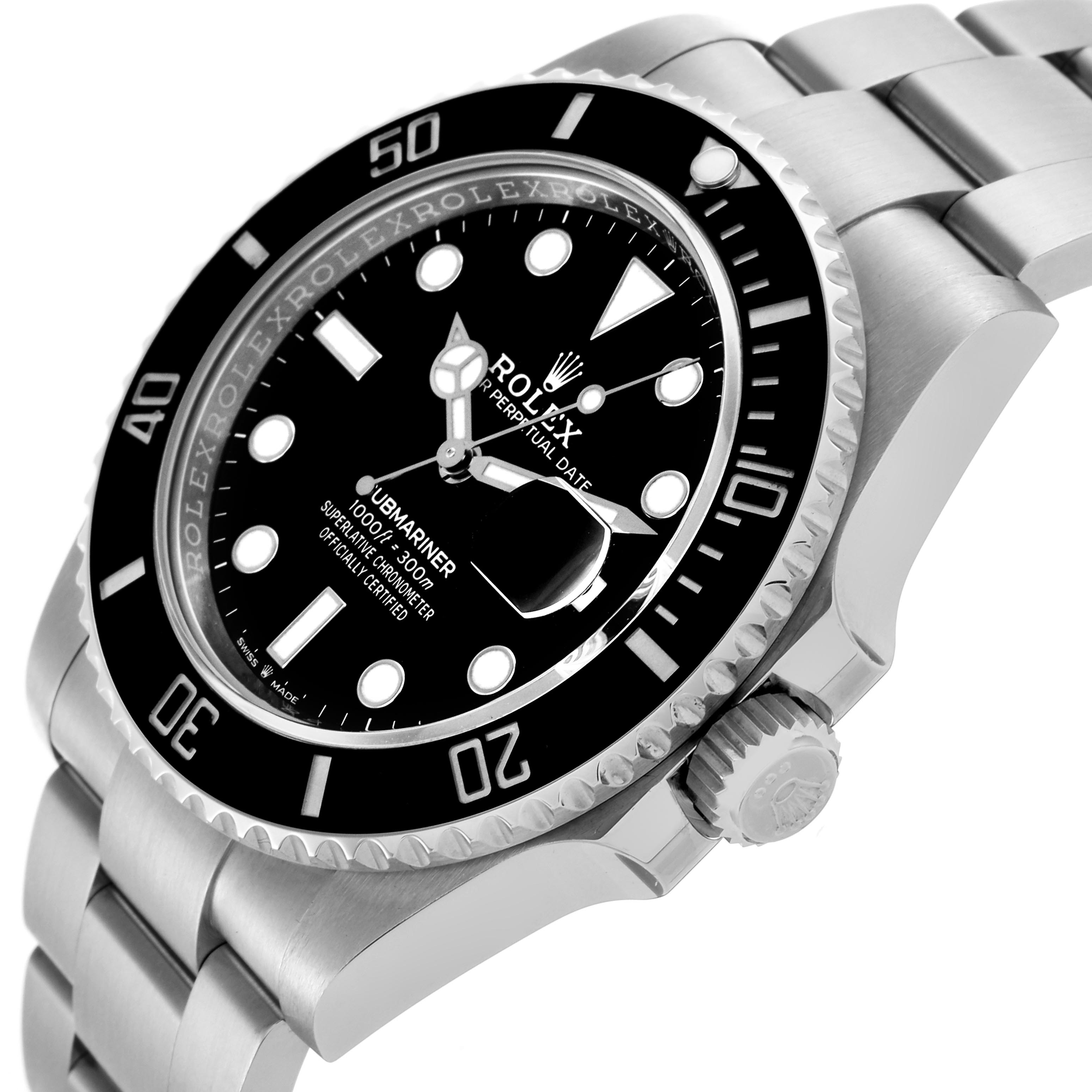 The Rolex Submariner 126610LN Men's Stainless Steel Black Dial 126610LN Men's Stainless Steel Black Dial watch is shown at an angled side view, highlighting the bezel, crown, dial, and bracelet.