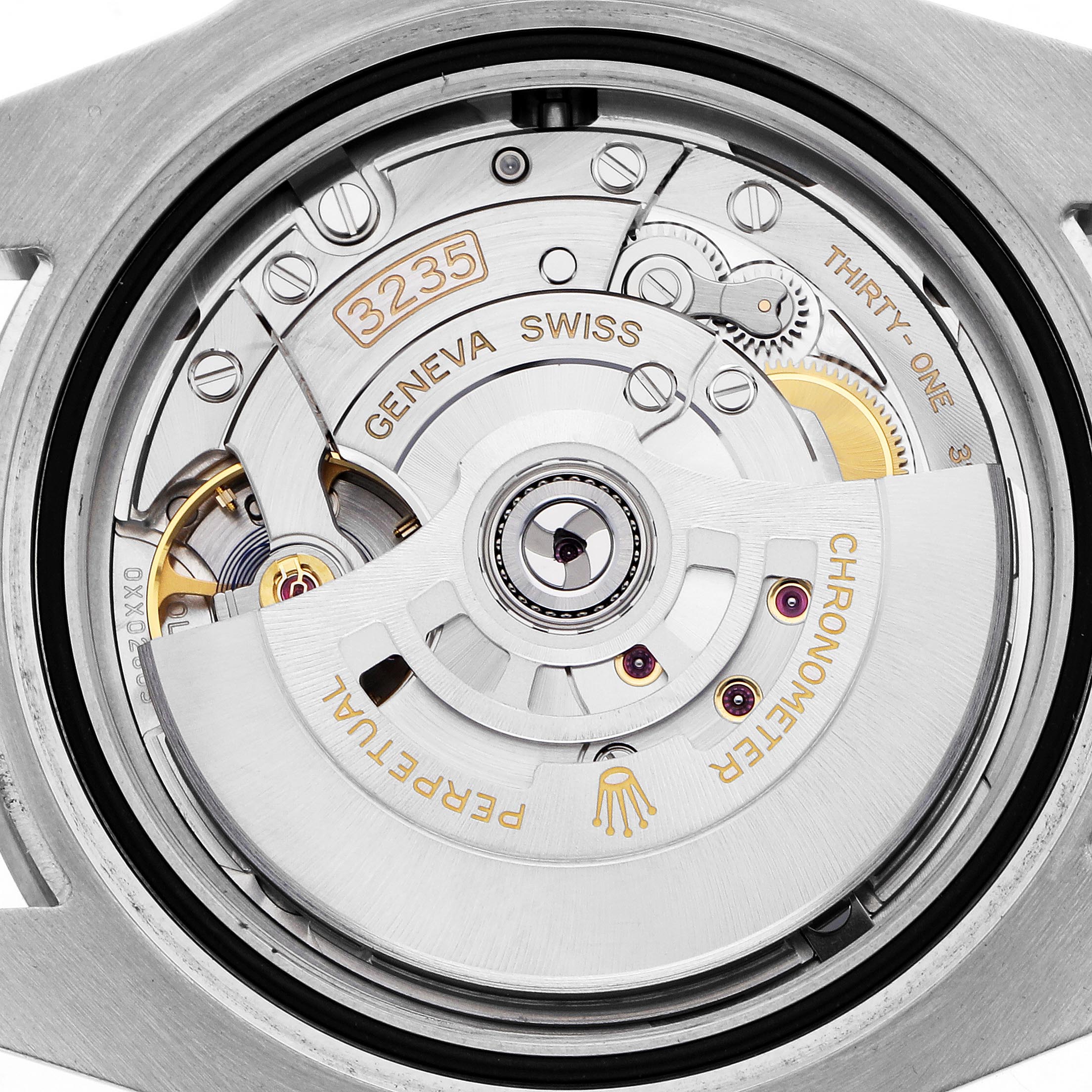 The image shows the movement of a Rolex Submariner 126610LN Men's Stainless Steel Black Dial 126610LN Men's Stainless Steel Black Dial, model 3235, viewed from the back highlighting the rotor and gears.