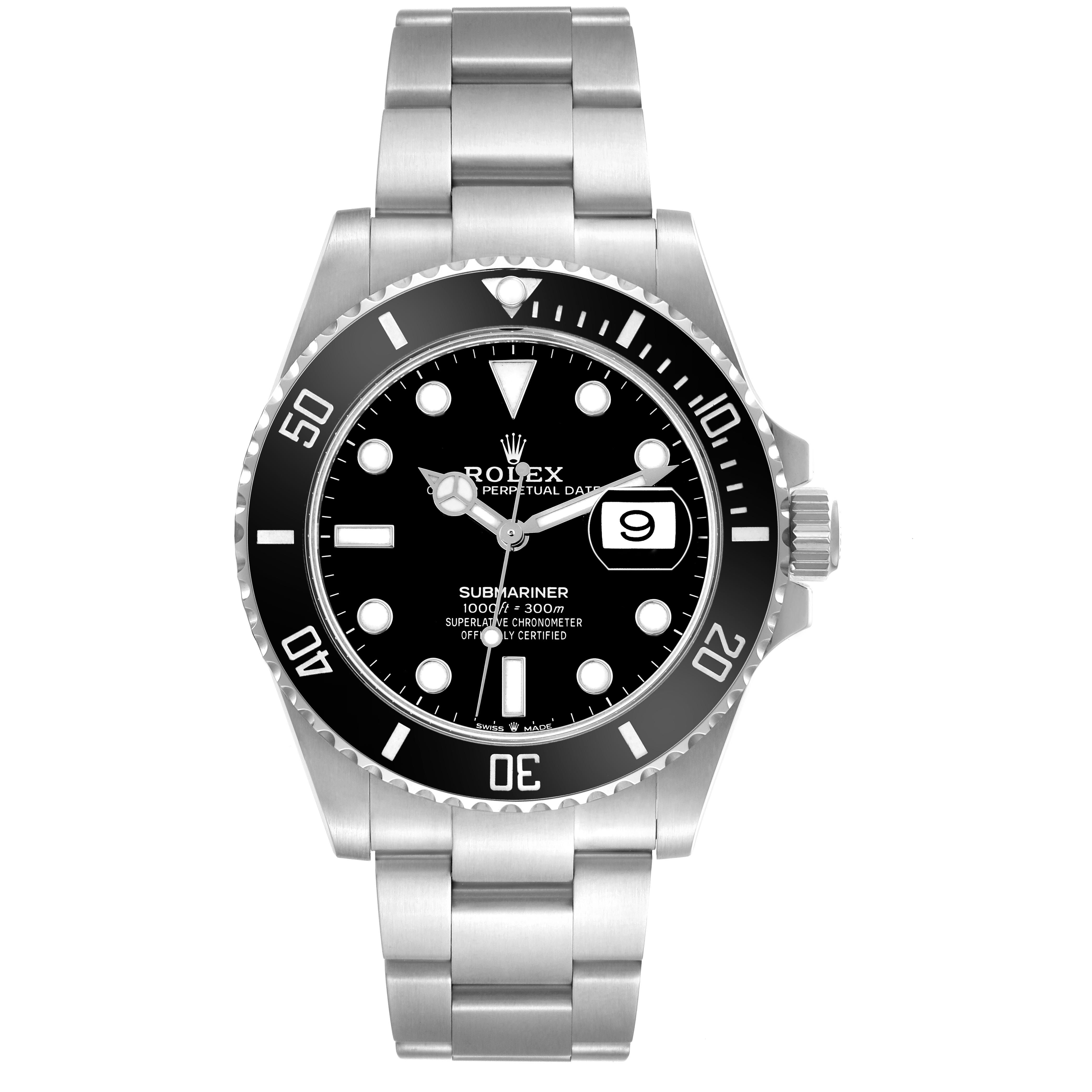 The Rolex Submariner 126610LN Men's Stainless Steel Black Dial 126610LN Men's Stainless Steel Black Dial is shown from a front angle, displaying the dial, bezel, and bracelet.
