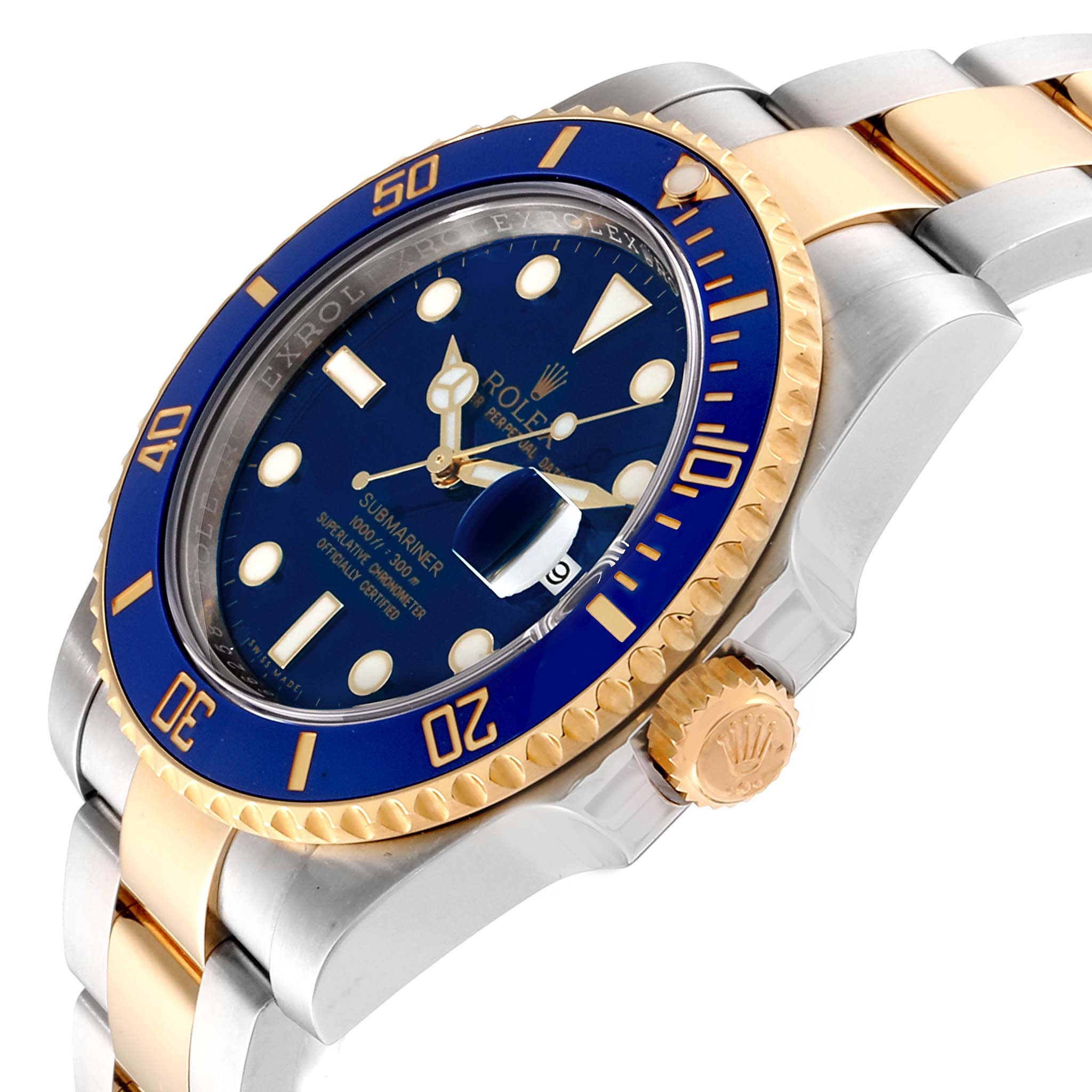 This image shows a side angle of the Rolex Submariner 116613 Men
s Stainless Steel Blue Dial 116613 Men
s Stainless Steel Blue Dial watch, highlighting the crown, bezel, and a portion of the bracelet.