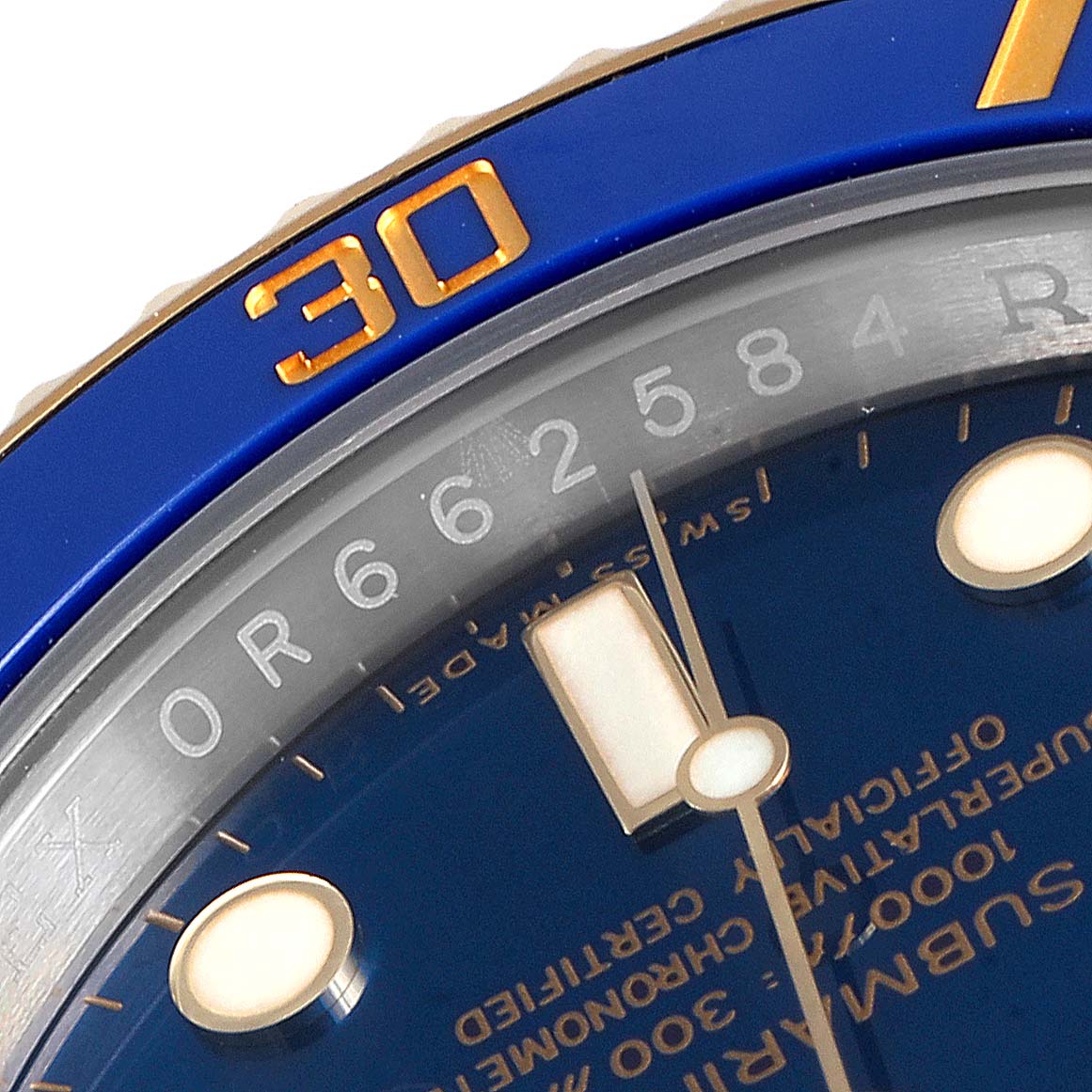 The image shows a close-up of the dial and bezel of a Rolex Submariner 116613 Men
s Stainless Steel Blue Dial 116613 Men
s Stainless Steel Blue Dial watch, highlighting the "30" marker on the bezel.