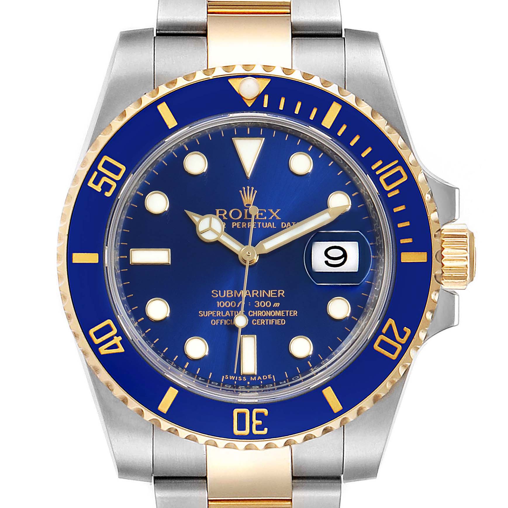 This image shows a front view of a Rolex Submariner 116613 Men
s Stainless Steel Blue Dial 116613 Men
s Stainless Steel Blue Dial watch, featuring its blue dial, date display, and gold accents.