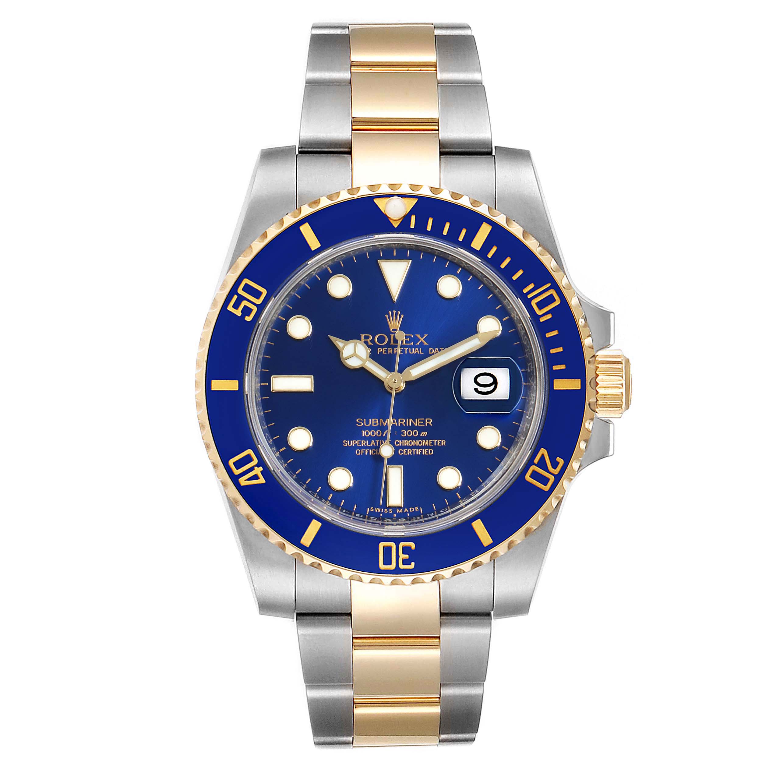 The image shows a front view of a Rolex Submariner 116613 Men
s Stainless Steel Blue Dial 116613 Men
s Stainless Steel Blue Dial watch featuring a blue dial, luminous markers, and a two-tone metal bracelet.