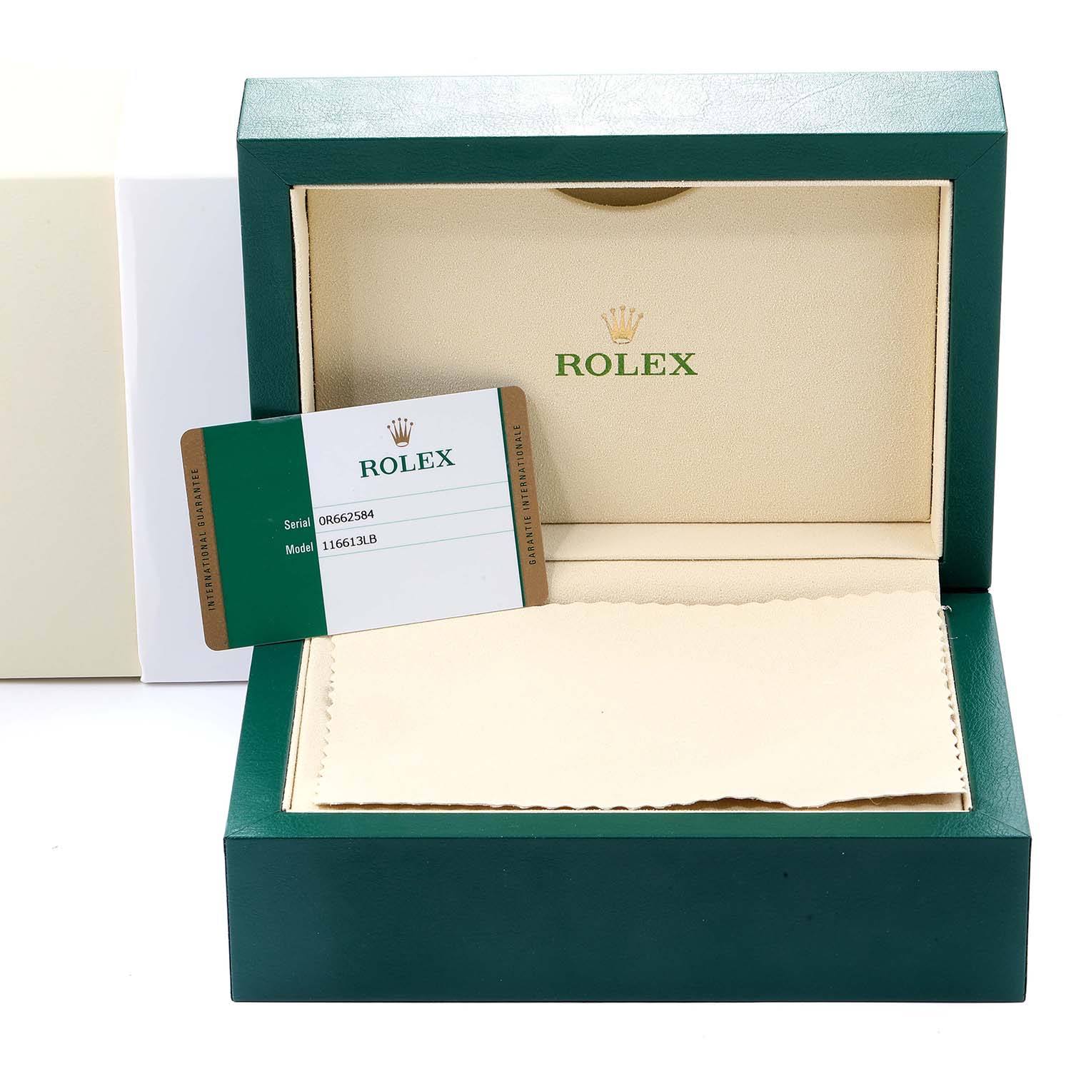 The image shows the open box and a warranty card for a Rolex Submariner 116613 Men
s Stainless Steel Blue Dial 116613 Men
s Stainless Steel Blue Dial model.
