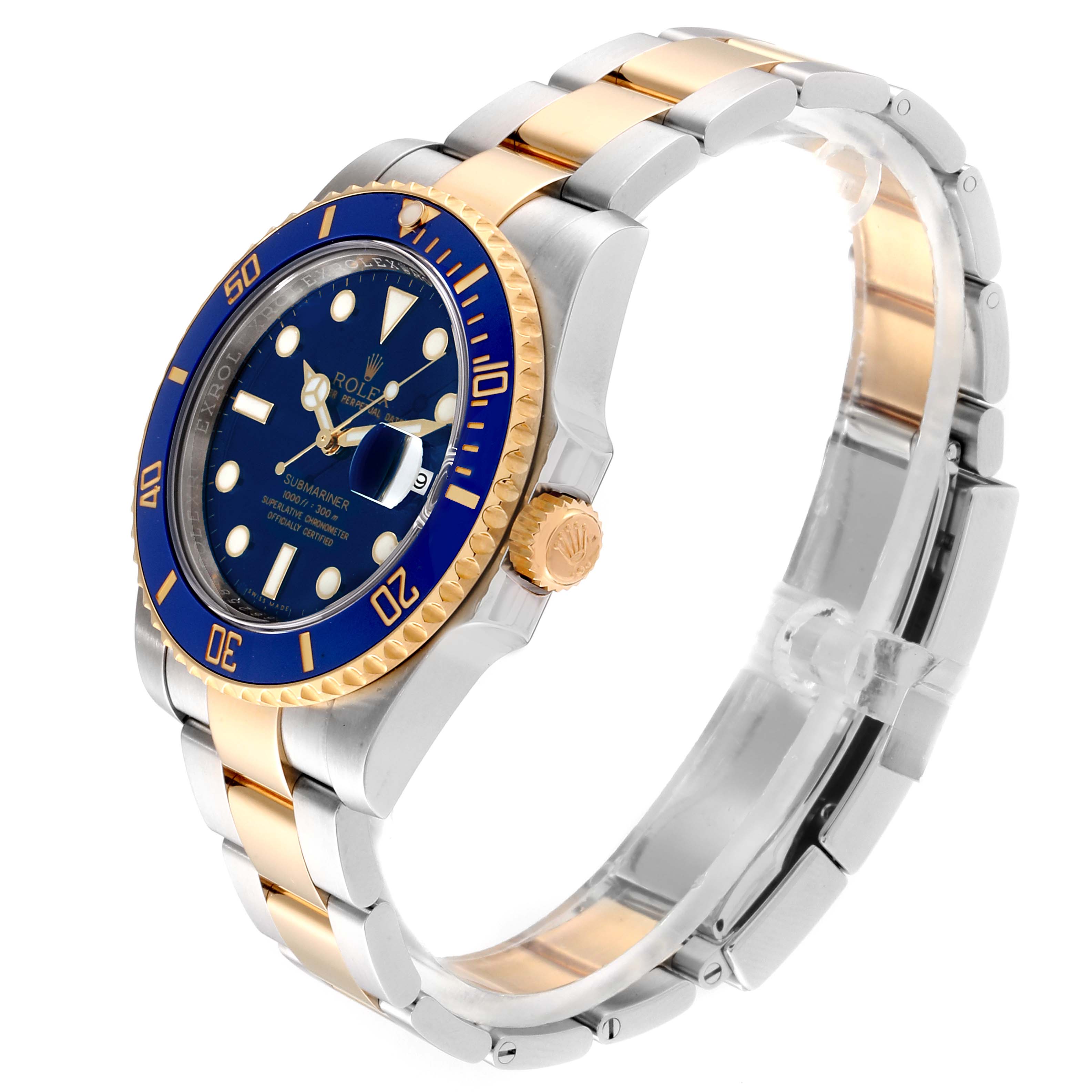 The image shows a side-angle view of a Rolex Submariner 116613 Men
s Stainless Steel Blue Dial 116613 Men
s Stainless Steel Blue Dial watch, highlighting the bezel, crown, dial, and two-tone bracelet.