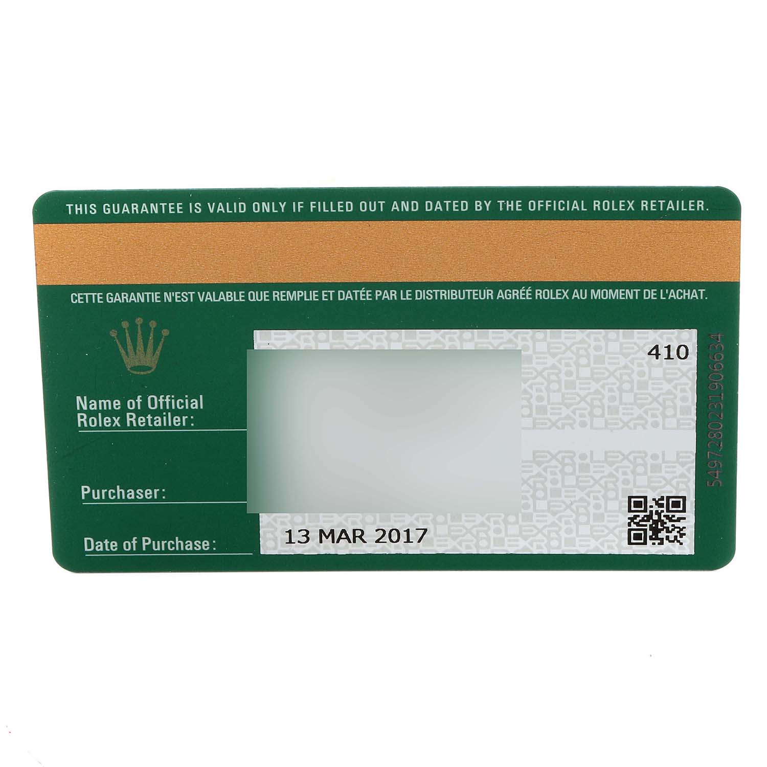 The image shows a warranty card for the Rolex Submariner 116613 Men
s Stainless Steel Blue Dial 116613 Men
s Stainless Steel Blue Dial model, including purchase date and retailer information.