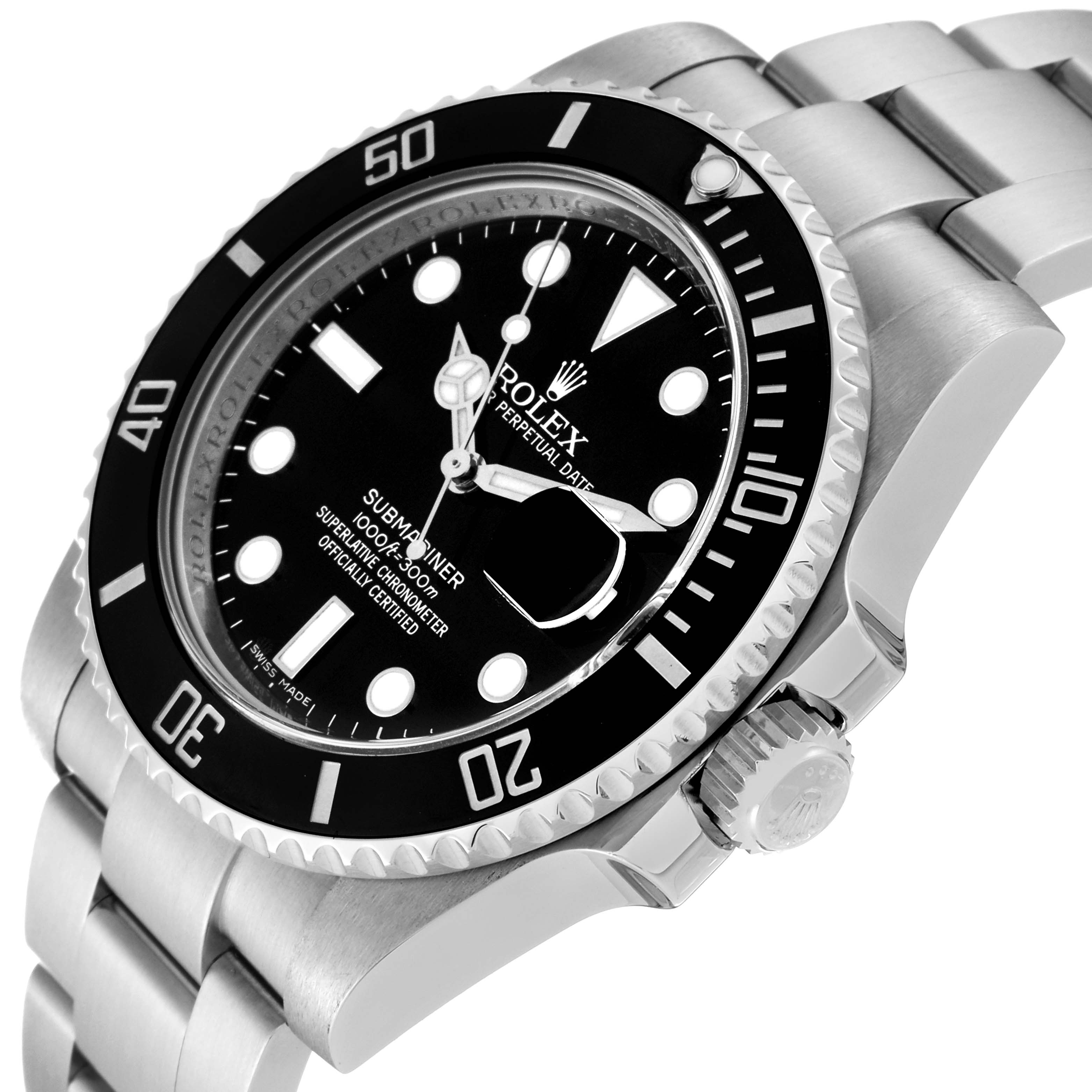 The image shows a Rolex Submariner 116610LN Men
s Stainless Steel Black Dial 116610LN Men
s Stainless Steel Black Dial watch from an angled side view, highlighting the bezel, dial, crown, and bracelet.