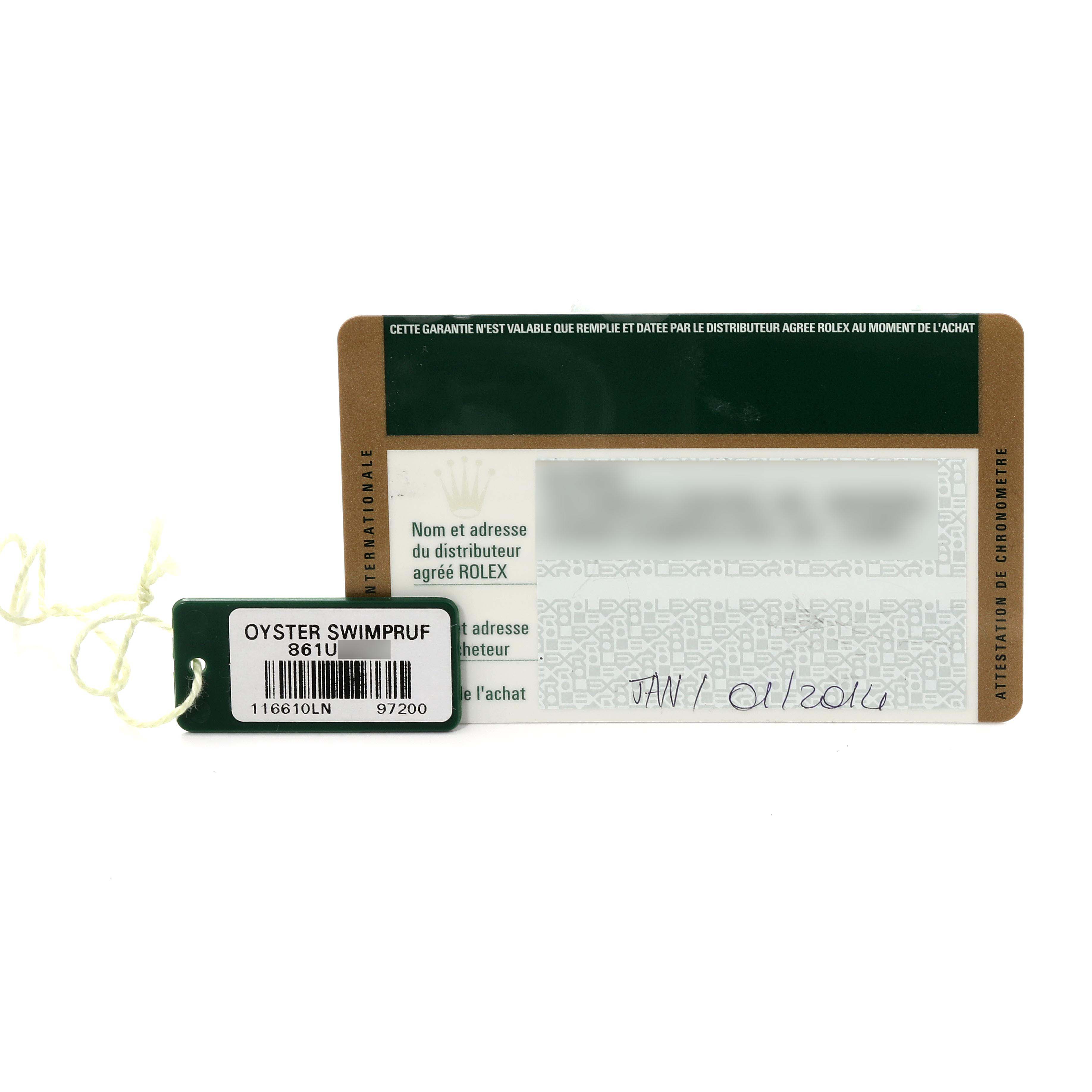 This image shows the warranty card and tag for a Rolex Submariner 116610LN Men
s Stainless Steel Black Dial 116610LN Men
s Stainless Steel Black Dial model, displaying purchase date and some serial numbers.