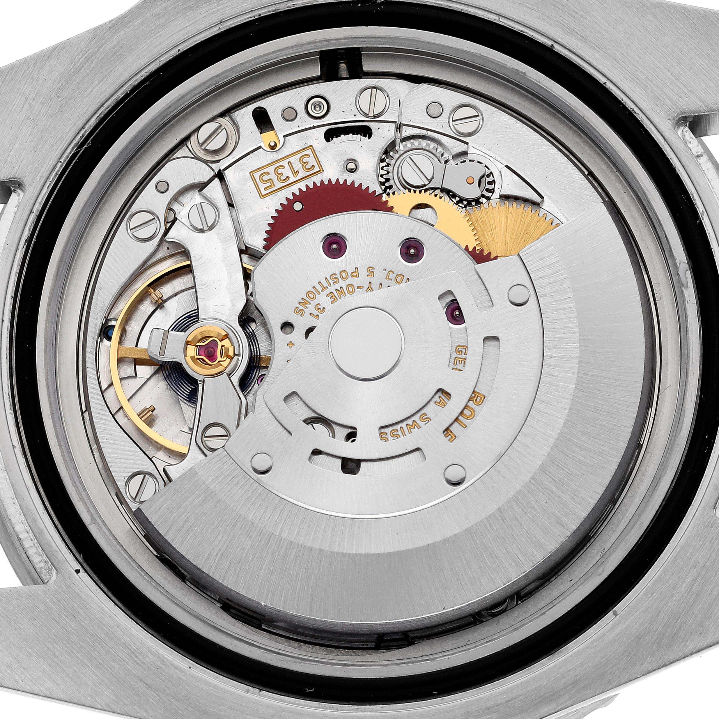 The image shows a close-up of the internal mechanical movement of a Rolex Submariner 116610LN Men
s Stainless Steel Black Dial 116610LN Men
s Stainless Steel Black Dial watch, viewed from the back.
