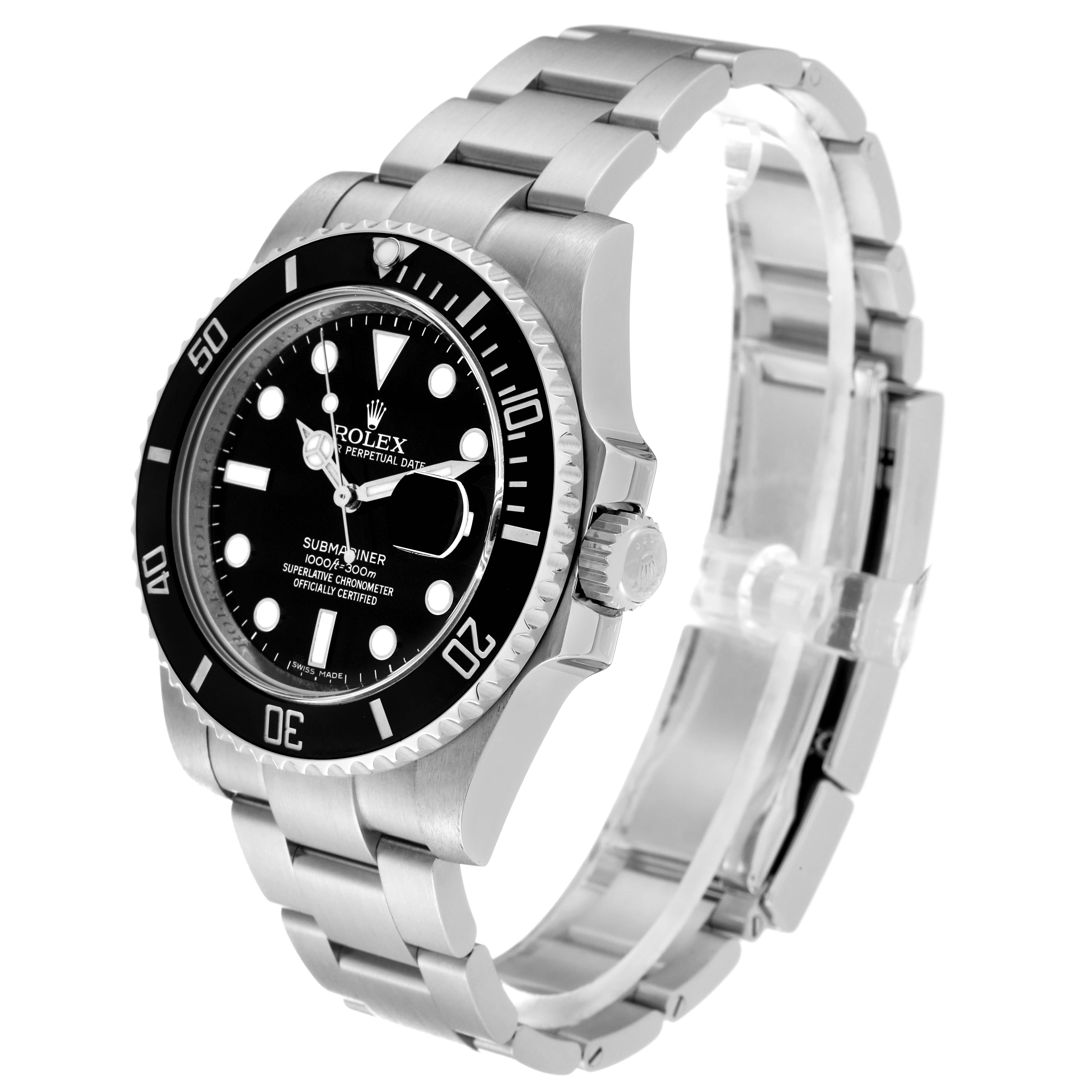 The image shows a side angle of the Rolex Submariner 116610LN Men
s Stainless Steel Black Dial 116610LN Men
s Stainless Steel Black Dial watch, showcasing its face, bezel, and bracelet.