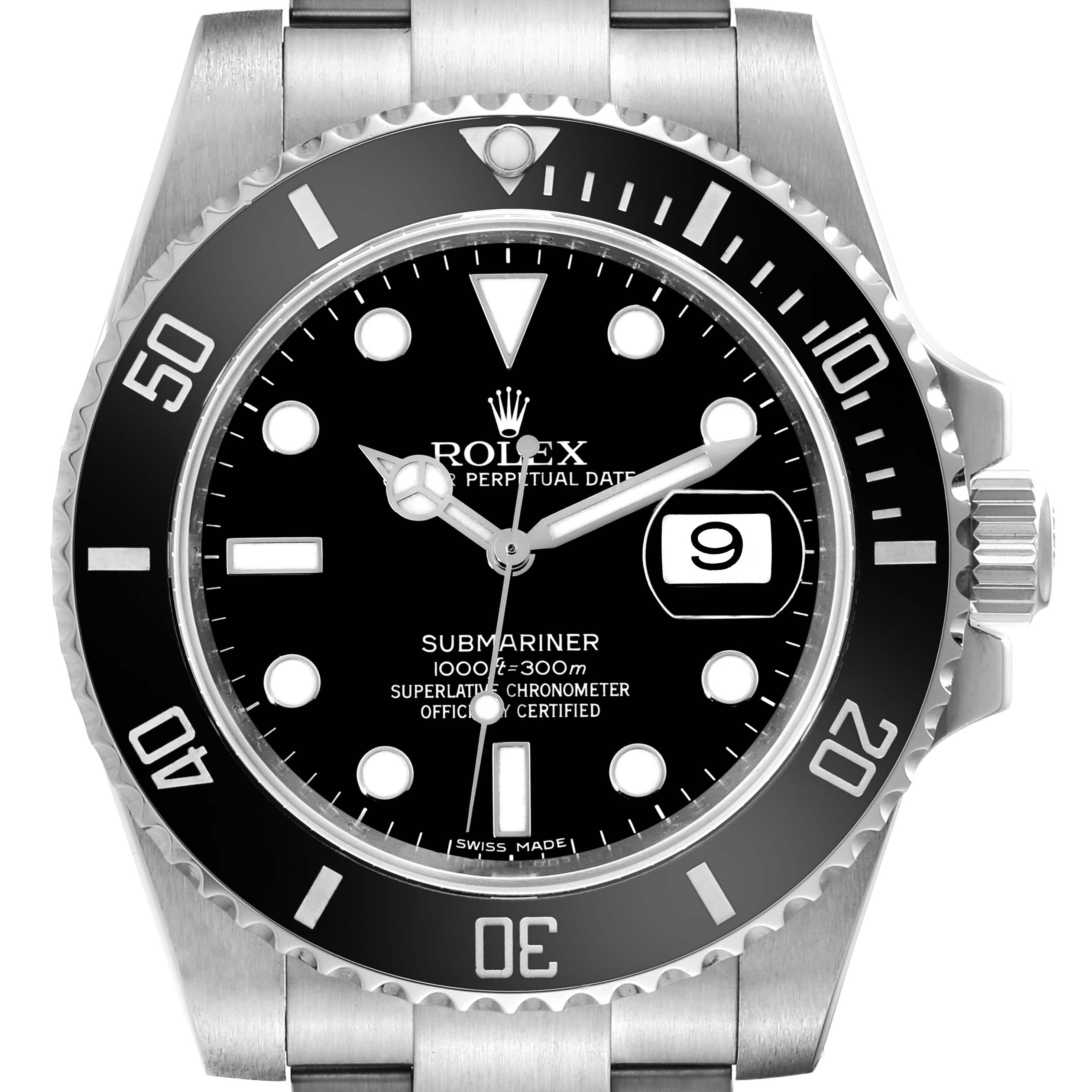 The image shows a front view of a Rolex Submariner 116610LN Men
s Stainless Steel Black Dial 116610LN Men
s Stainless Steel Black Dial watch, highlighting the dial, bezel, and part of the bracelet.