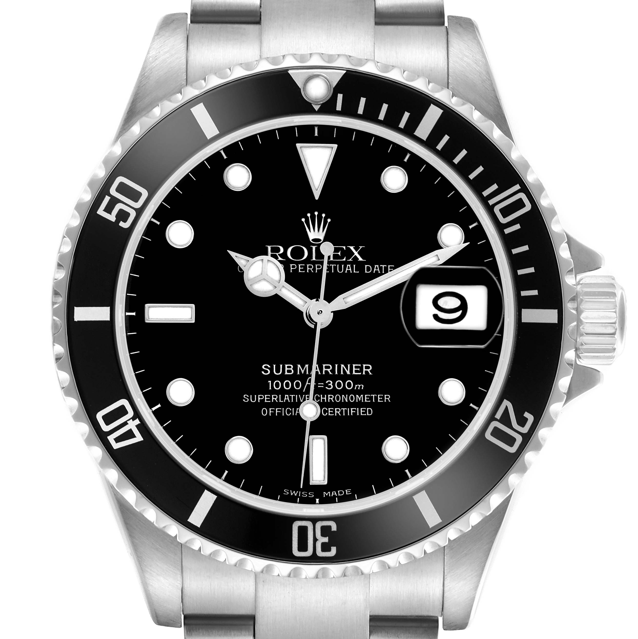 The image shows a front view of a Rolex Submariner 16610 Men's Stainless Steel Black Dial 16610 Men's Stainless Steel Black Dial watch, highlighting the dial, bezel, and bracelet.