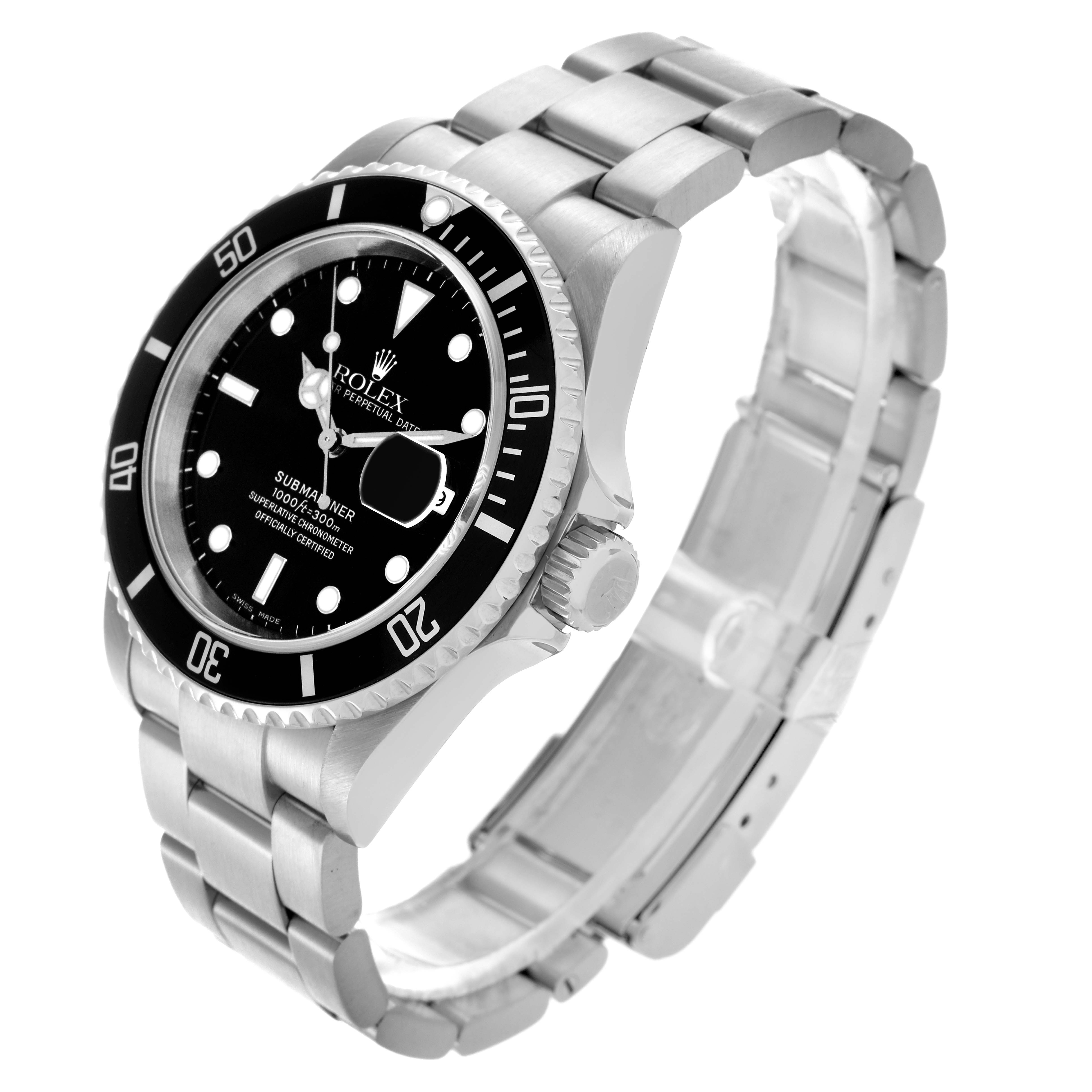 The Rolex Submariner 16610 Men's Stainless Steel Black Dial 16610 Men's Stainless Steel Black Dial is shown at a three-quarter angle, highlighting the face, bezel, crown, and bracelet.