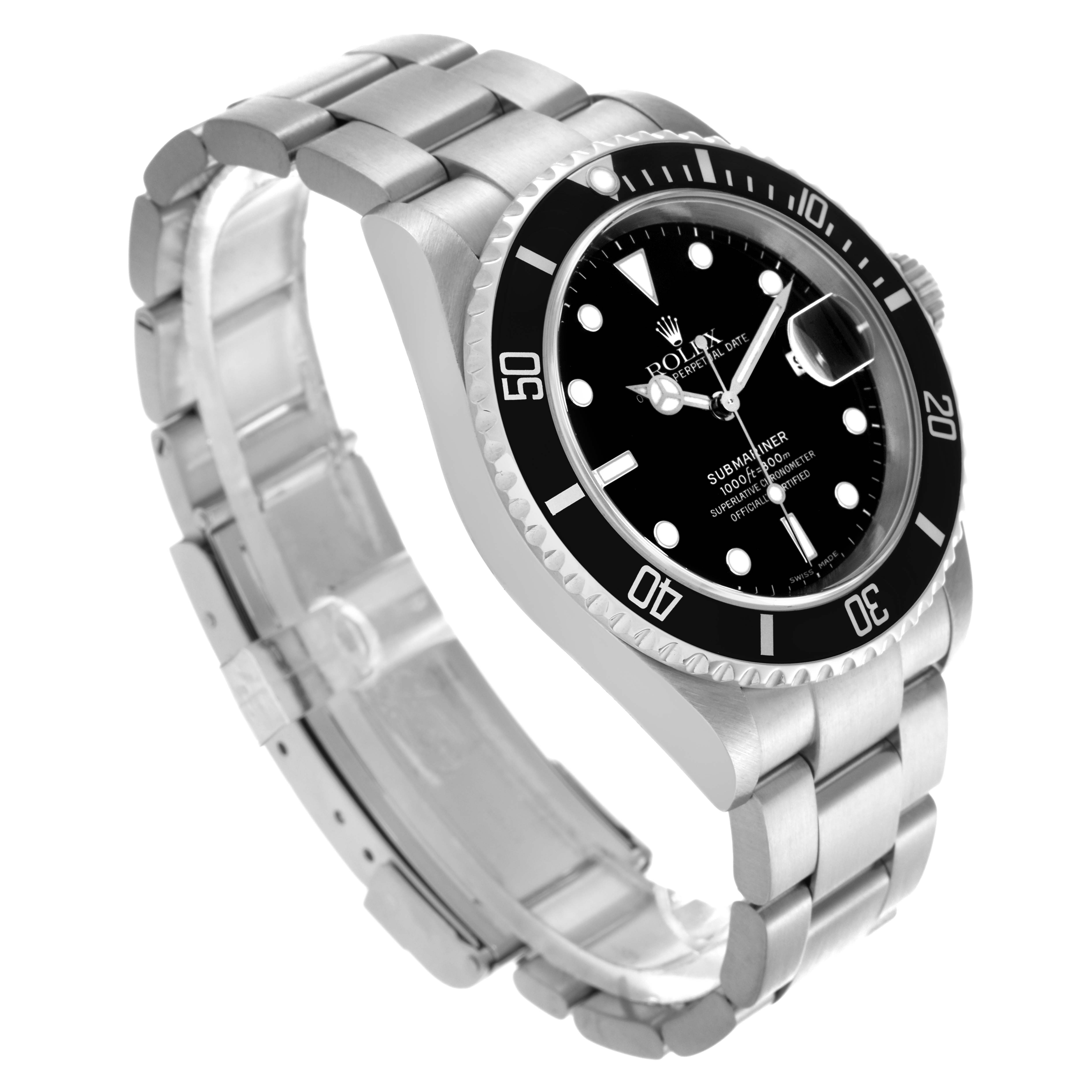 The Rolex Submariner 16610 Men's Stainless Steel Black Dial 16610 Men's Stainless Steel Black Dial watch is shown at an angle displaying the black dial, bezel, and metal bracelet.