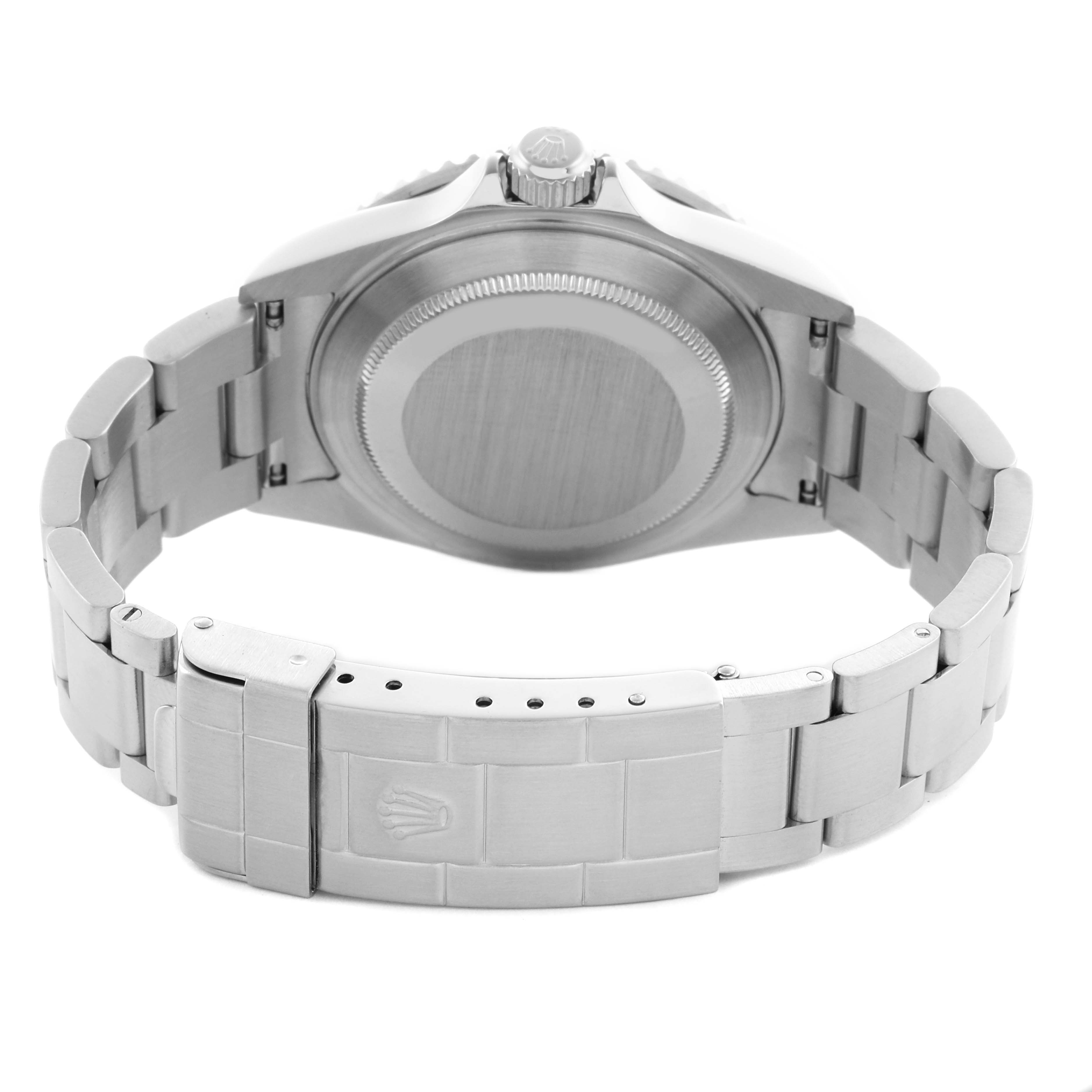 The Rolex Submariner 16610 Men's Stainless Steel Black Dial 16610 Men's Stainless Steel Black Dial watch is shown from the back, featuring the case back and bracelet with clasp.