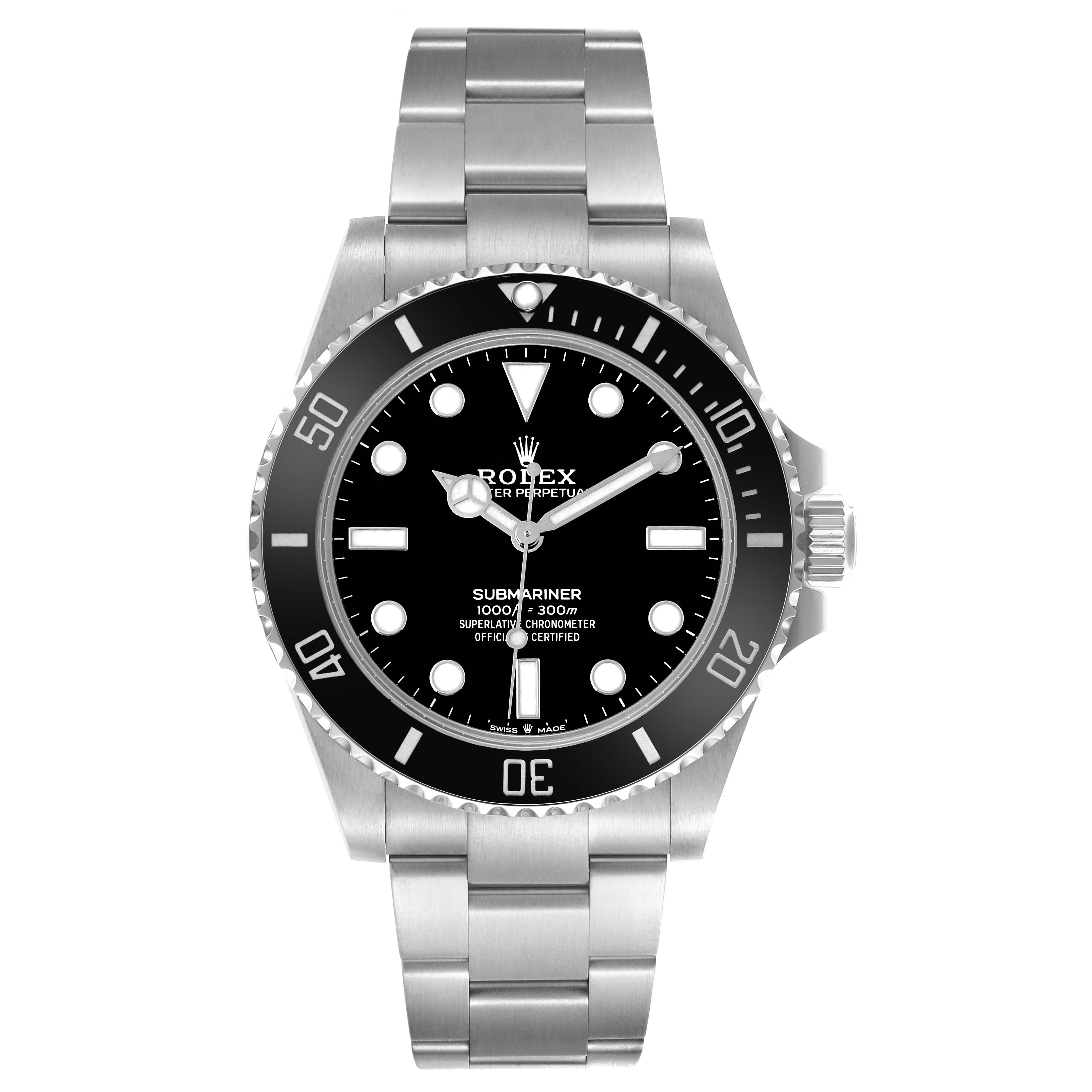 The Rolex Submariner M124060-0001 Men's Stainless Steel Black Dial is shown from a front angle, displaying the dial, bezel, and bracelet.