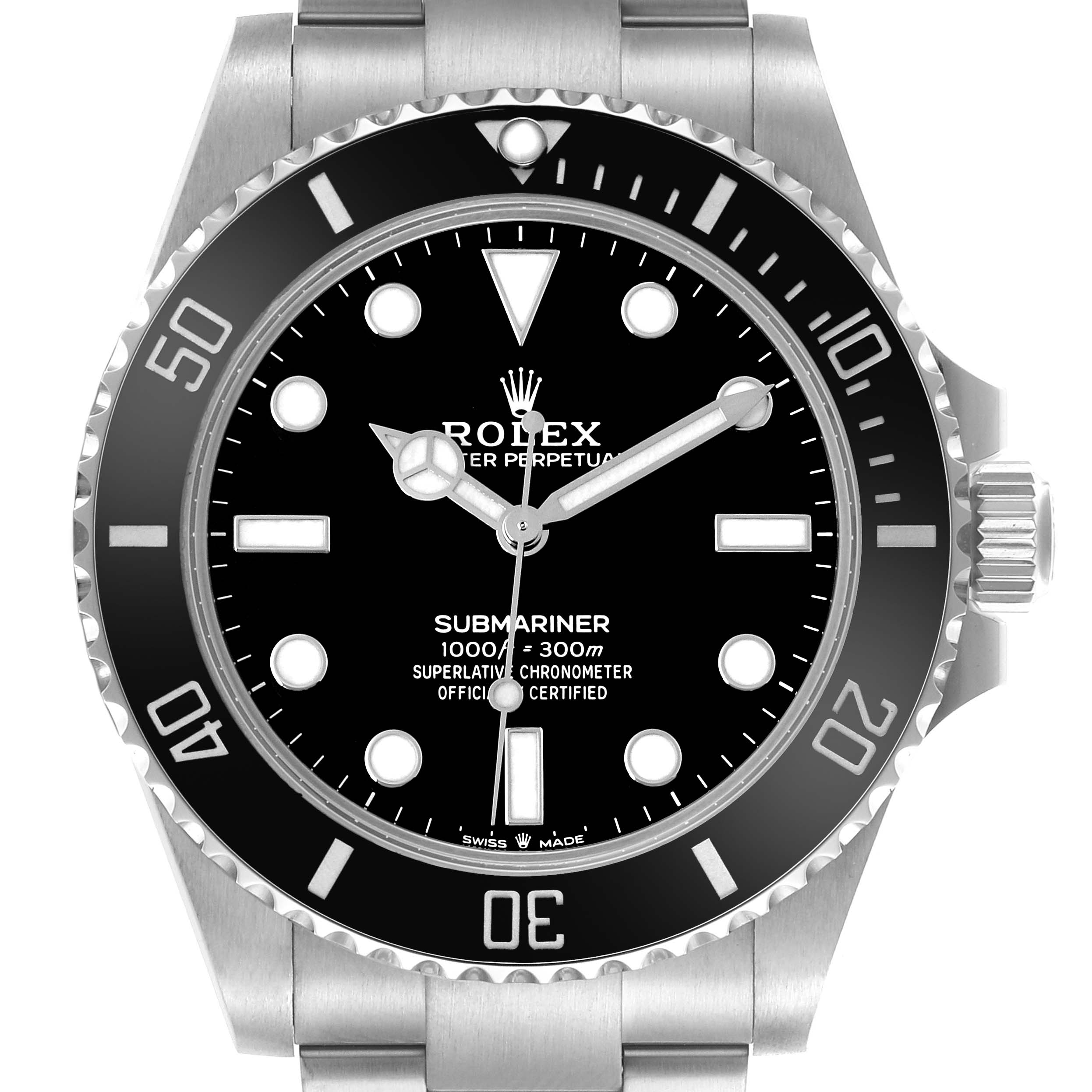 The Rolex Submariner M124060-0001 Men's Stainless Steel Black Dial watch is shown from a front angle, displaying the dial, bezel, and crown.