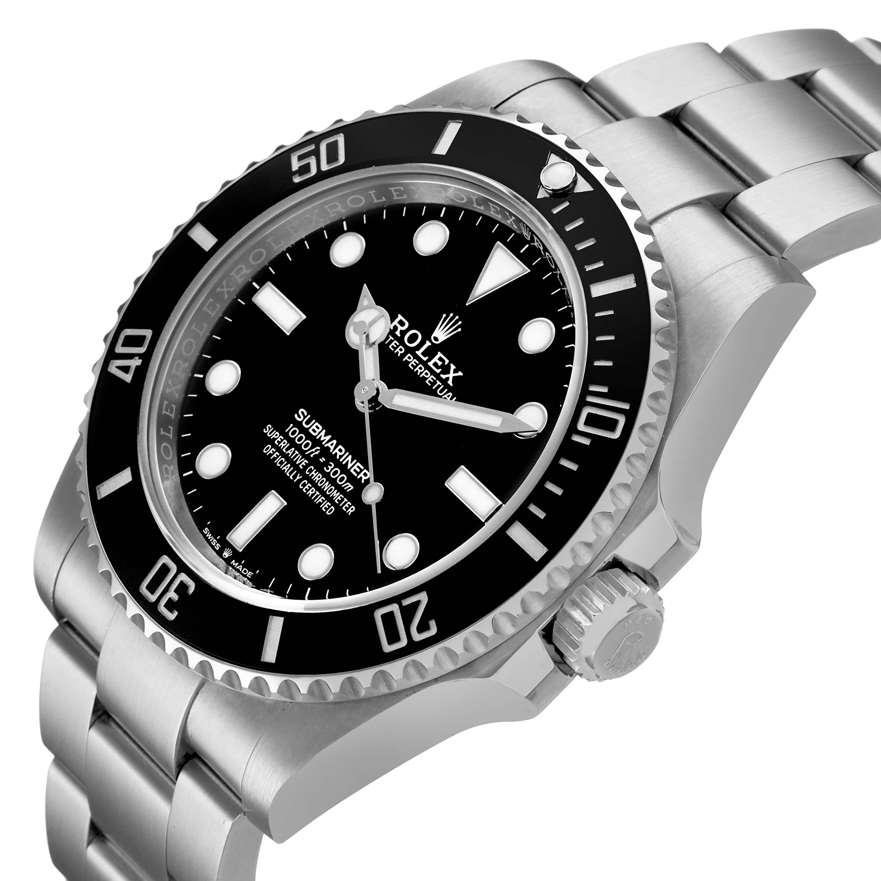 The Rolex Submariner M124060-0001 Men's Stainless Steel Black Dial is shown from a three-quarter angle, highlighting the bezel, dial, crown, and part of the bracelet.