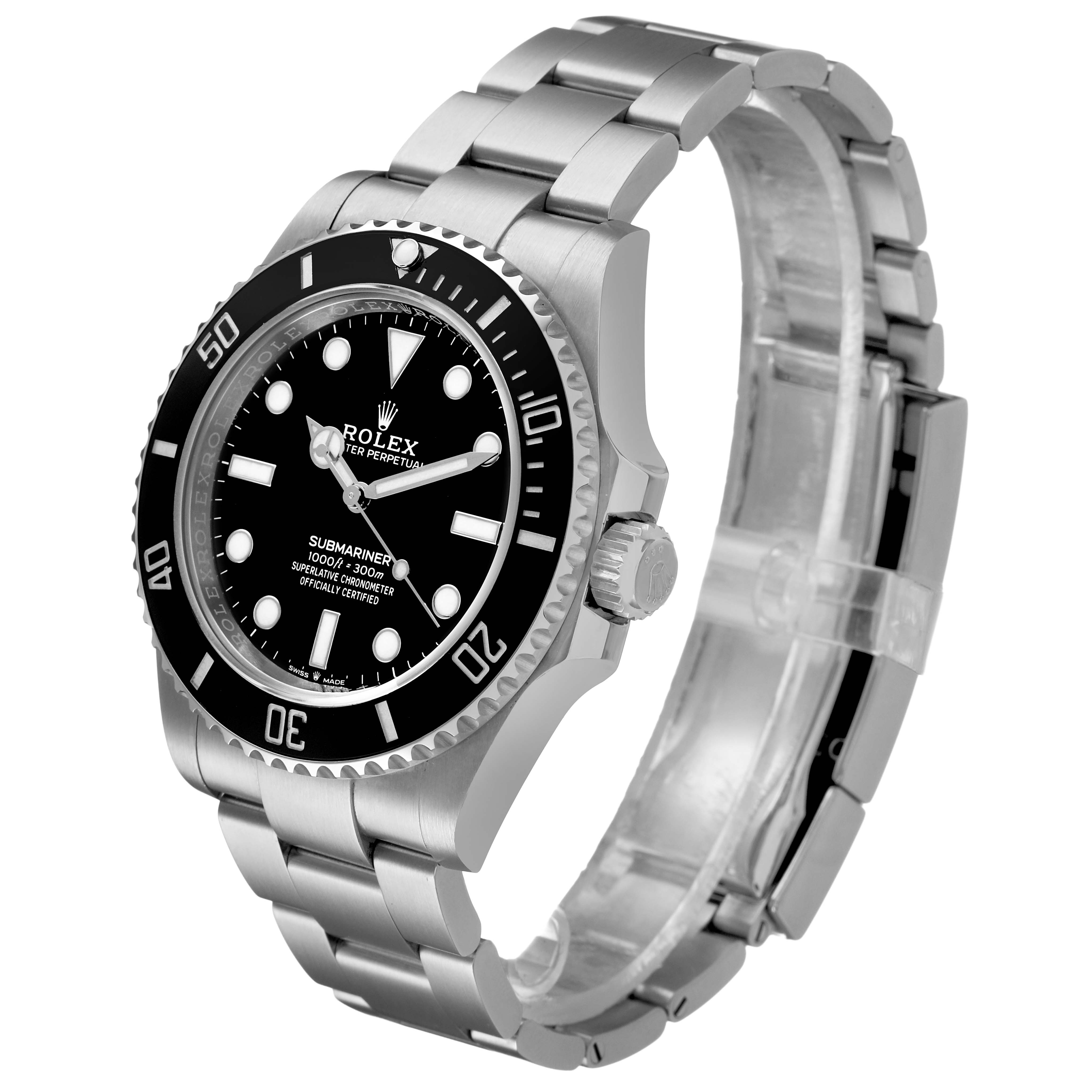 The Rolex Submariner M124060-0001 Men's Stainless Steel Black Dial watch is shown at a three-quarter angle, highlighting the dial, bezel, crown, and bracelet.
