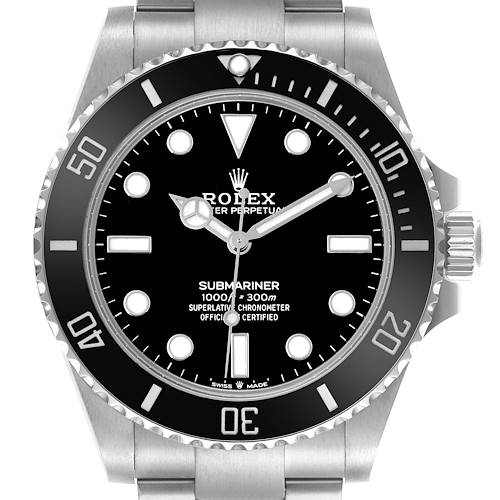 The Rolex Submariner M124060-0001 Men's Stainless Steel Black Dial watch is shown from a front angle, highlighting the dial, bezel, crown, and part of the bracelet.