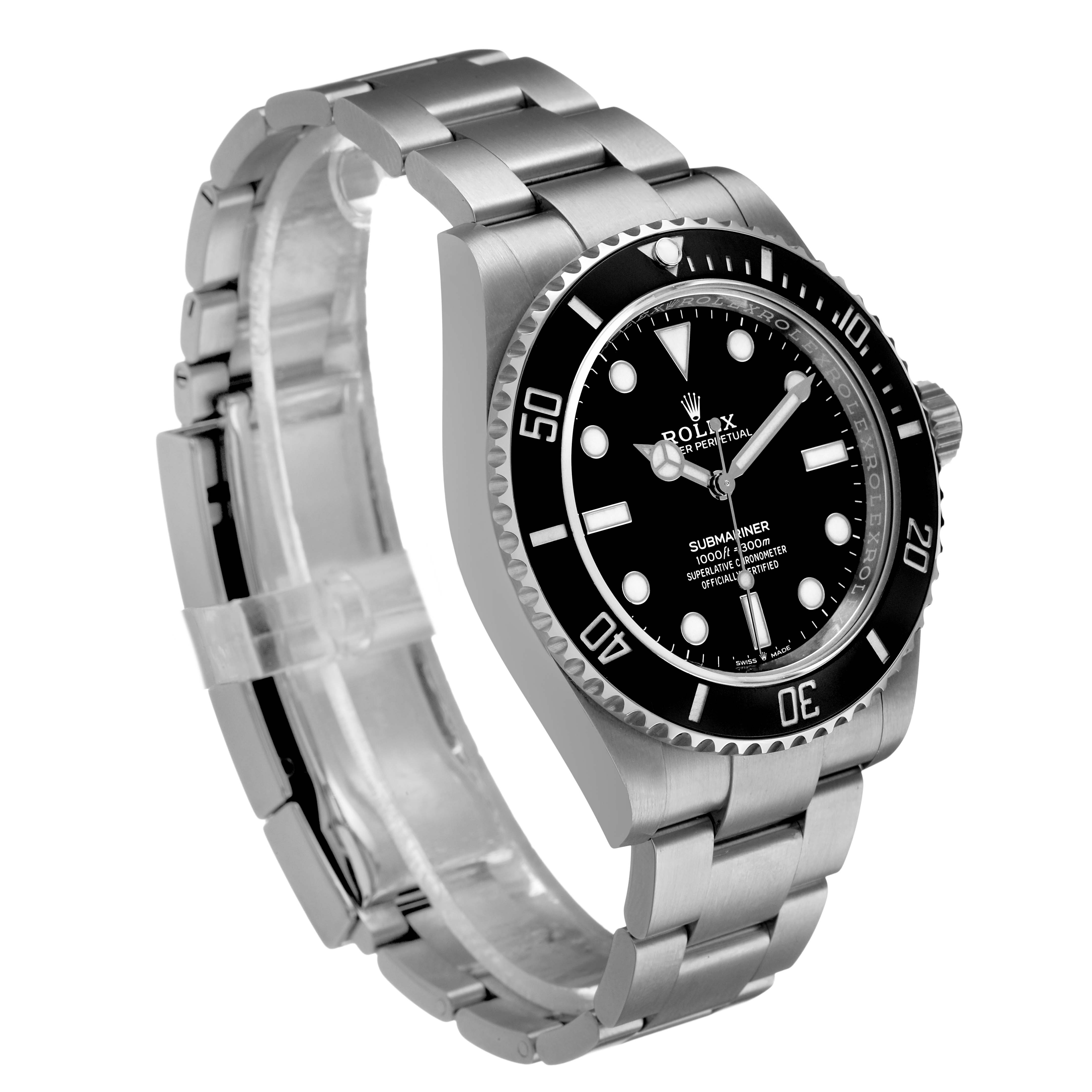 The Rolex Submariner M124060-0001 Men's Stainless Steel Black Dial watch is shown at a three-quarter angle, highlighting the face, bezel, and bracelet.