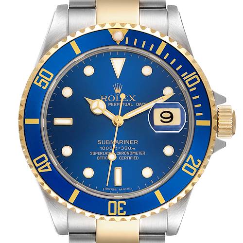 The Rolex Submariner 16613 Men's Steel and Gold (two tone) Blue Dial watch is shown from a front angle, displaying its blue dial, gold bezel, and bracelet.