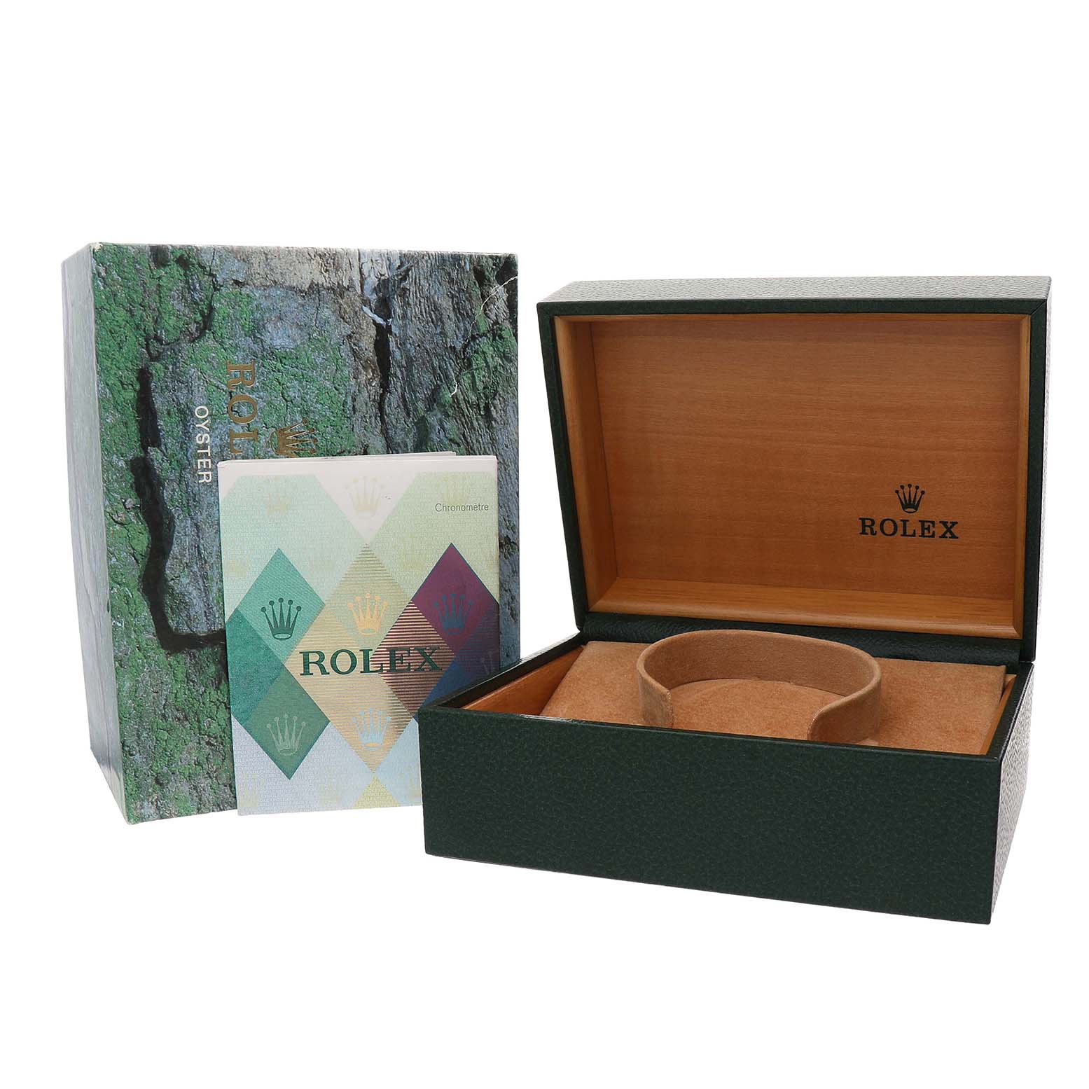 The image shows the packaging for a Rolex Submariner 16613 Men's Steel and Gold (two tone) Blue Dial, including the outer box, instruction booklet, and an open display box.