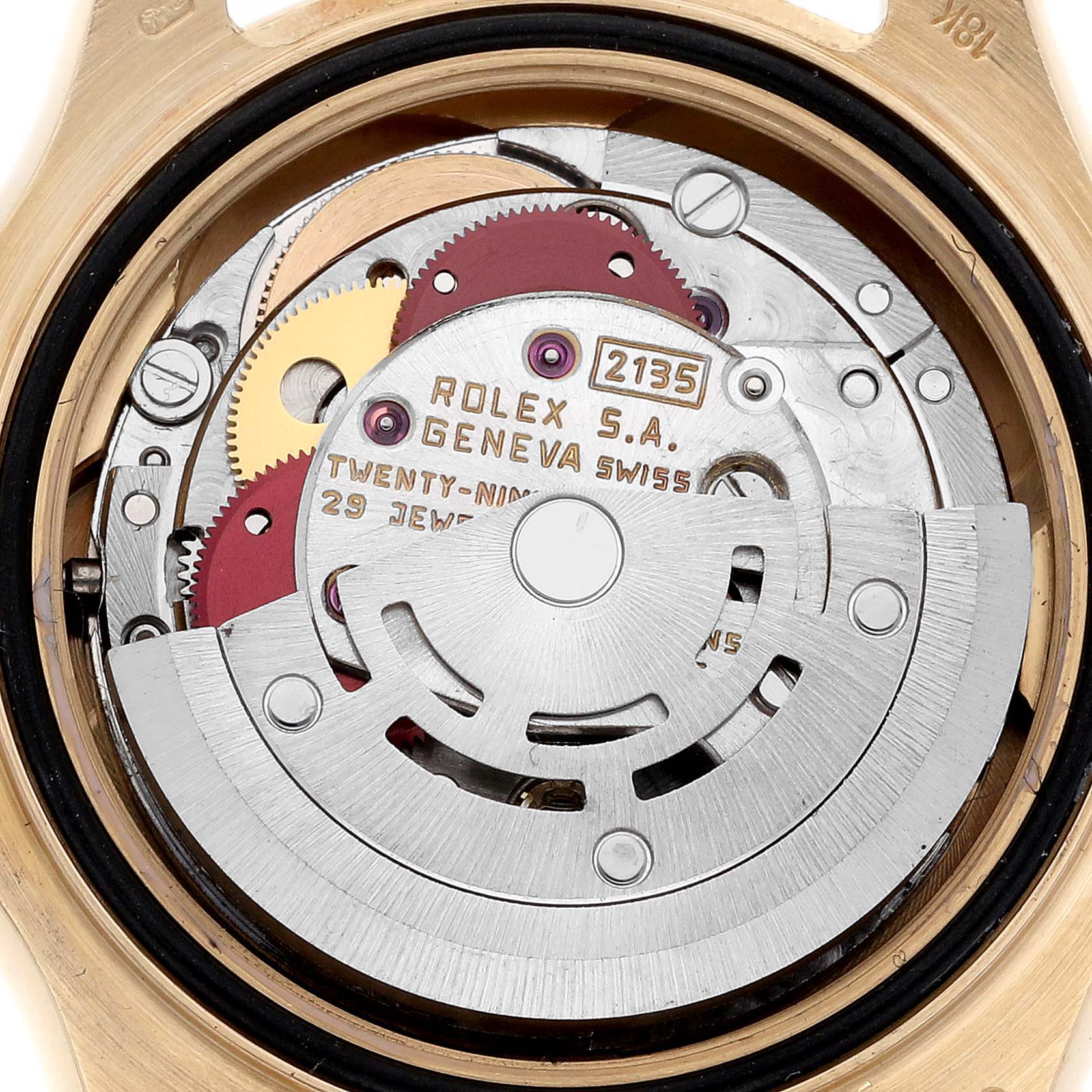 The image shows the back view of the Rolex Yacht-Master 69628 Women's Yellow Gold Blue Dial 69628 Women's Yellow Gold Blue Dial watch, highlighting its inner movement and mechanical components.