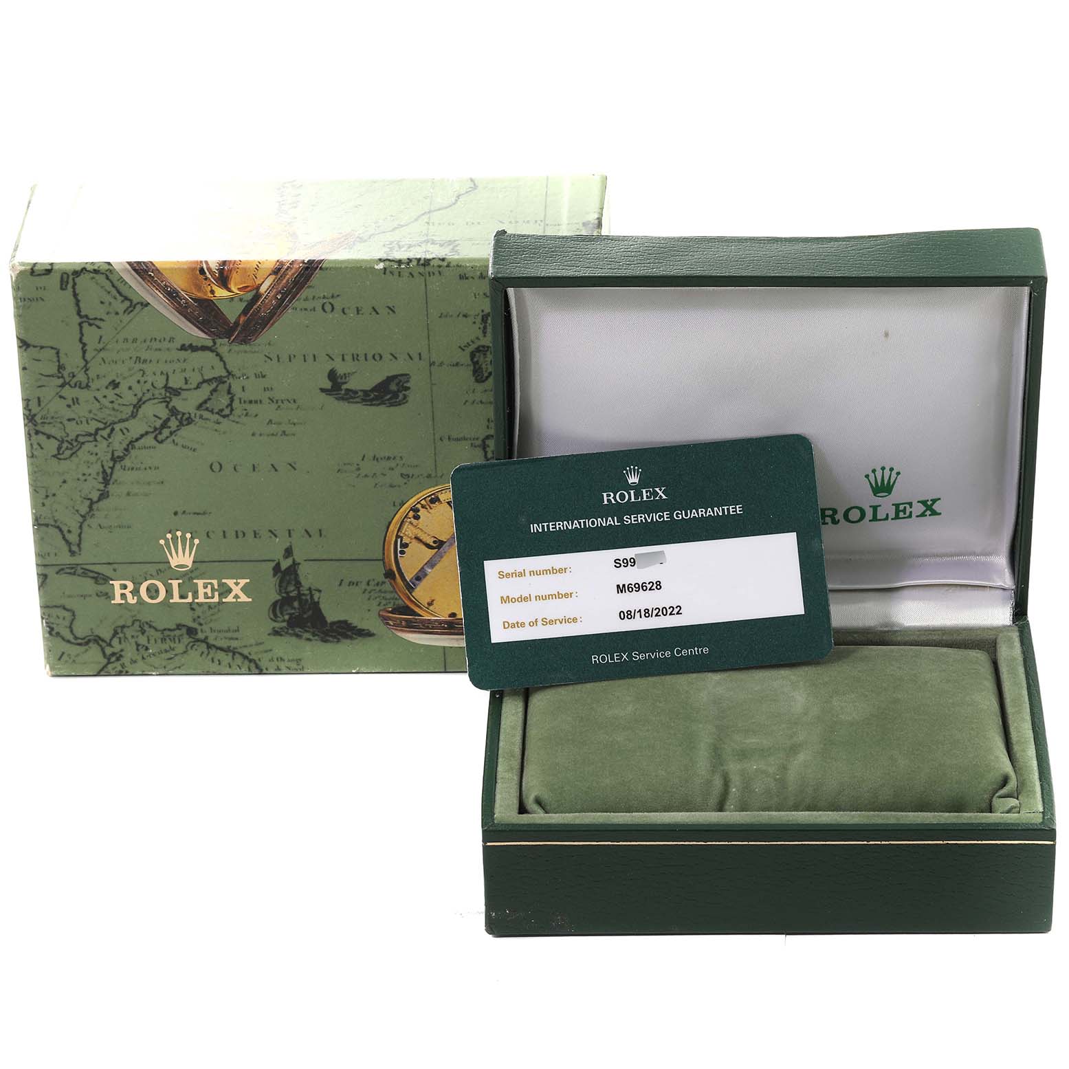 The image shows the packaging, box, and guarantee card for a Rolex Yacht-Master 69628 Women's Yellow Gold Blue Dial 69628 Women's Yellow Gold Blue Dial model watch.