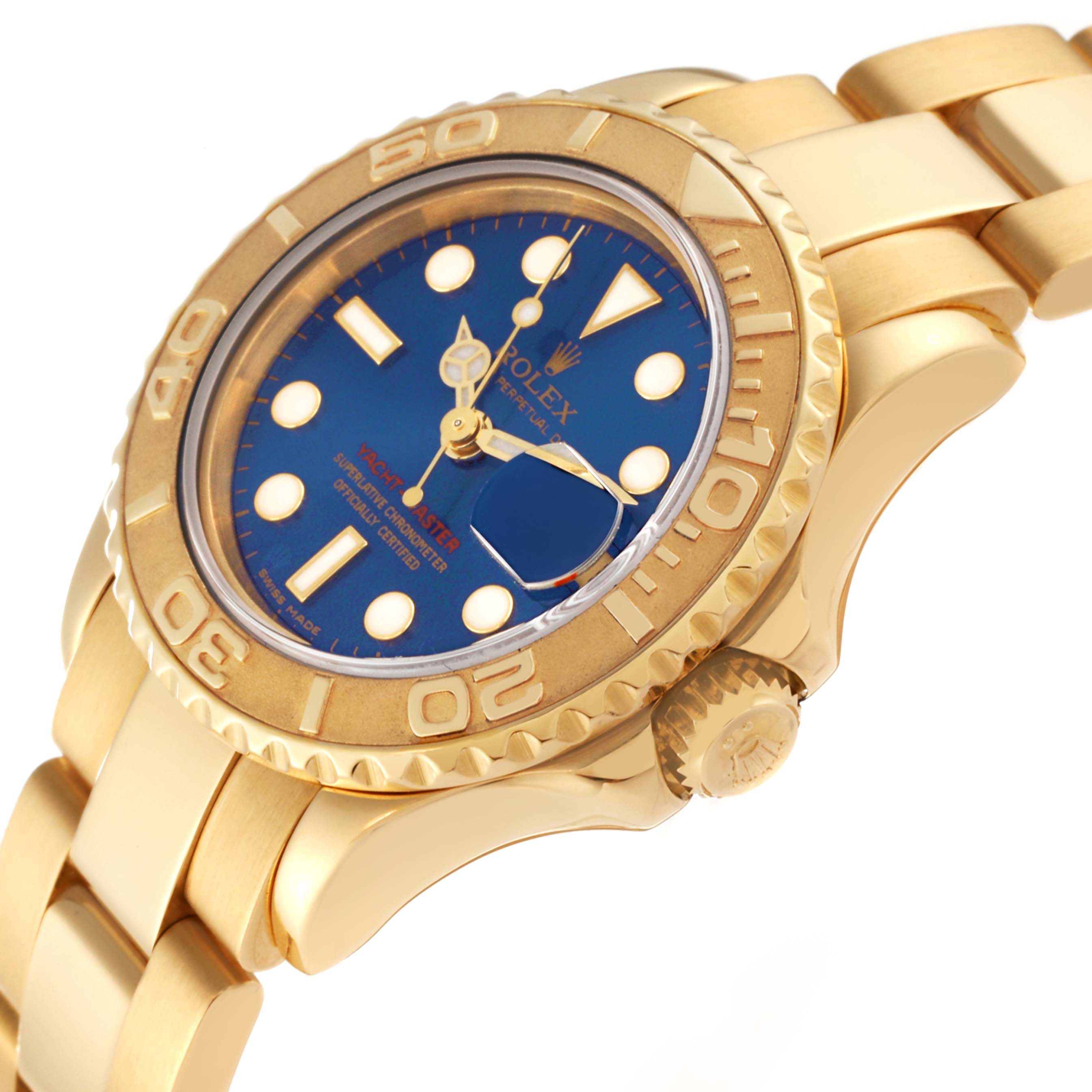 This image shows a side and partial front view of the Rolex Yacht-Master 69628 Women's Yellow Gold Blue Dial 69628 Women's Yellow Gold Blue Dial, highlighting the gold case, blue dial, and bezel.