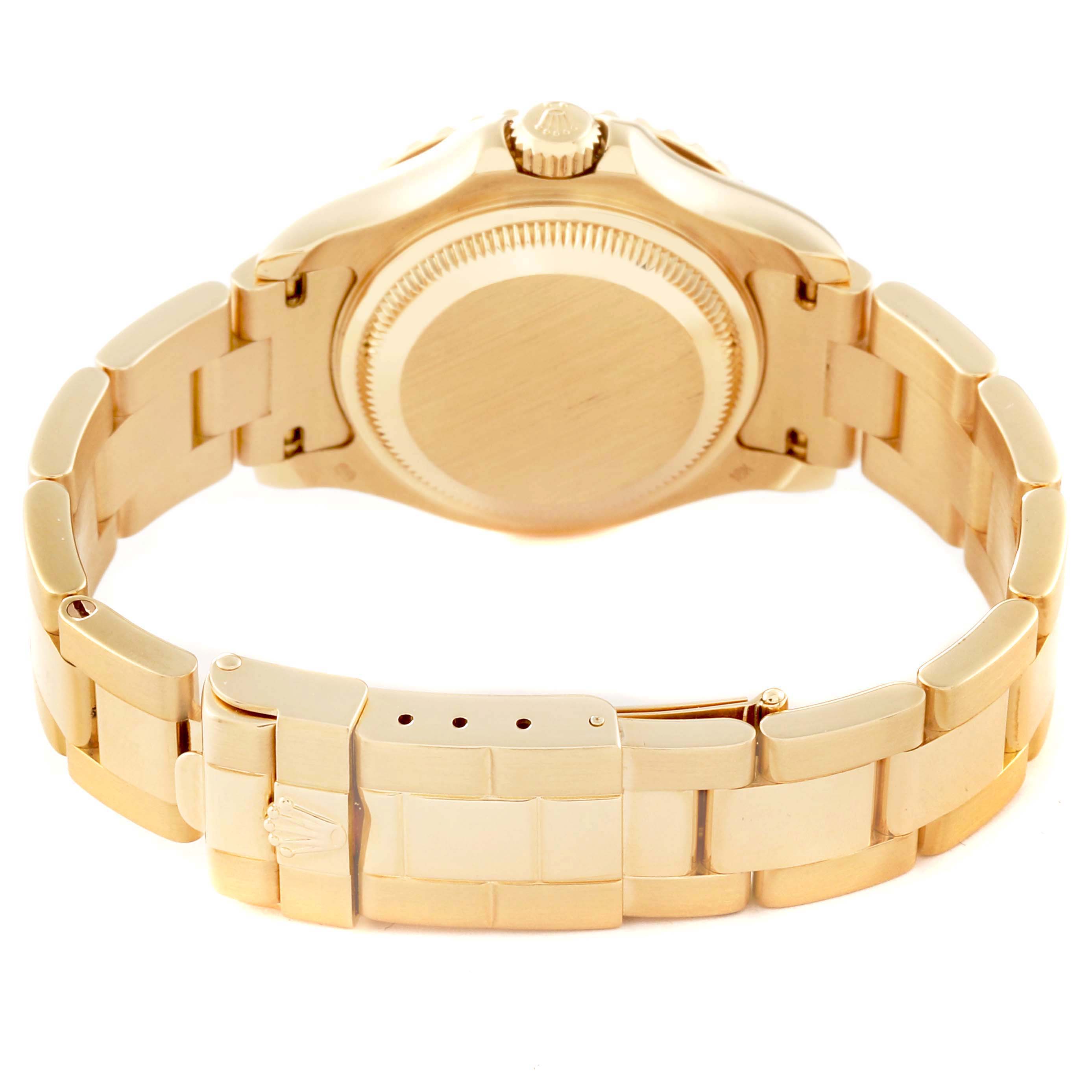 This image shows the backside and bracelet of a Rolex Yacht-Master 69628 Women's Yellow Gold Blue Dial 69628 Women's Yellow Gold Blue Dial watch from a straight-on perspective.