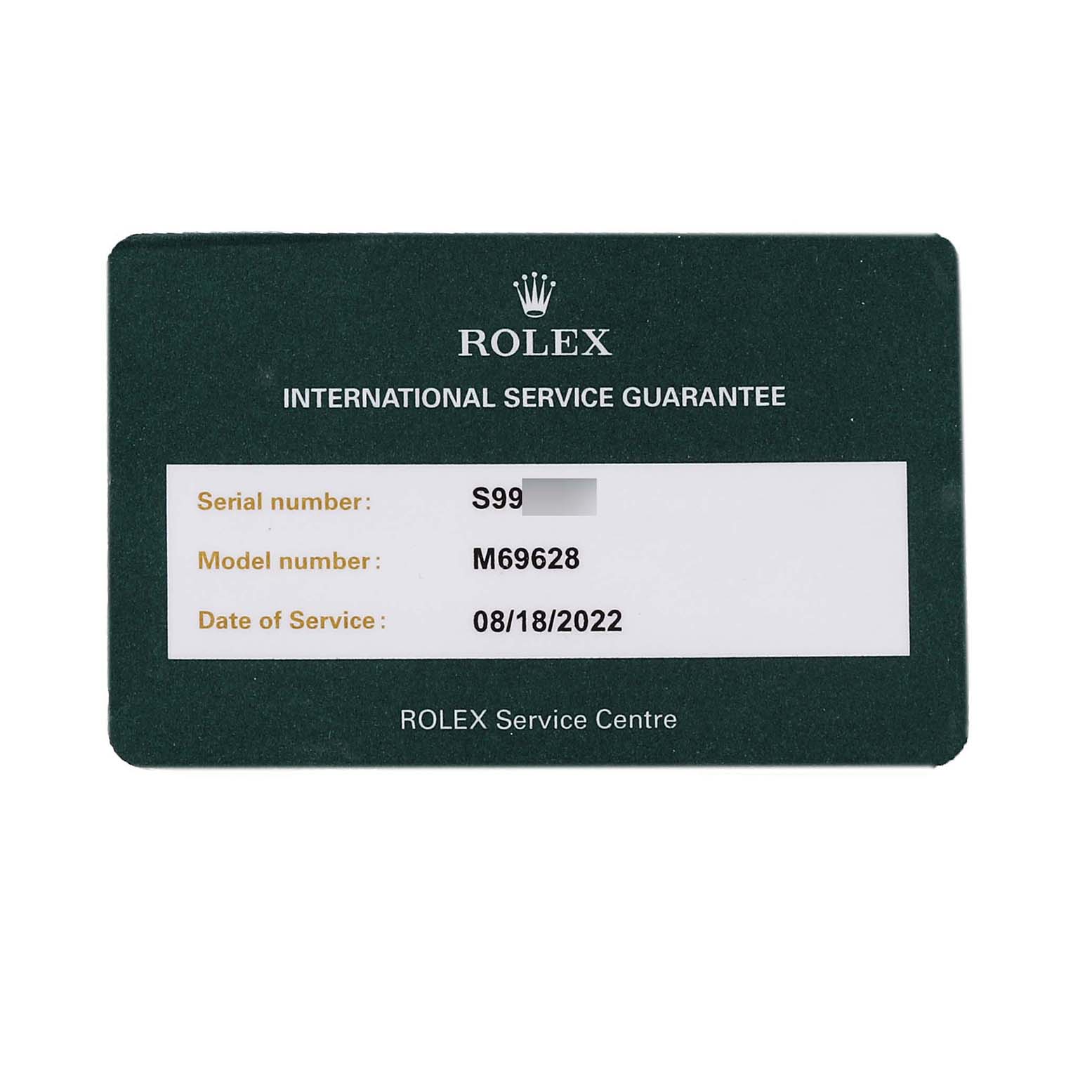 The image shows a Rolex International Service Guarantee card for the Yacht-Master model M69628.