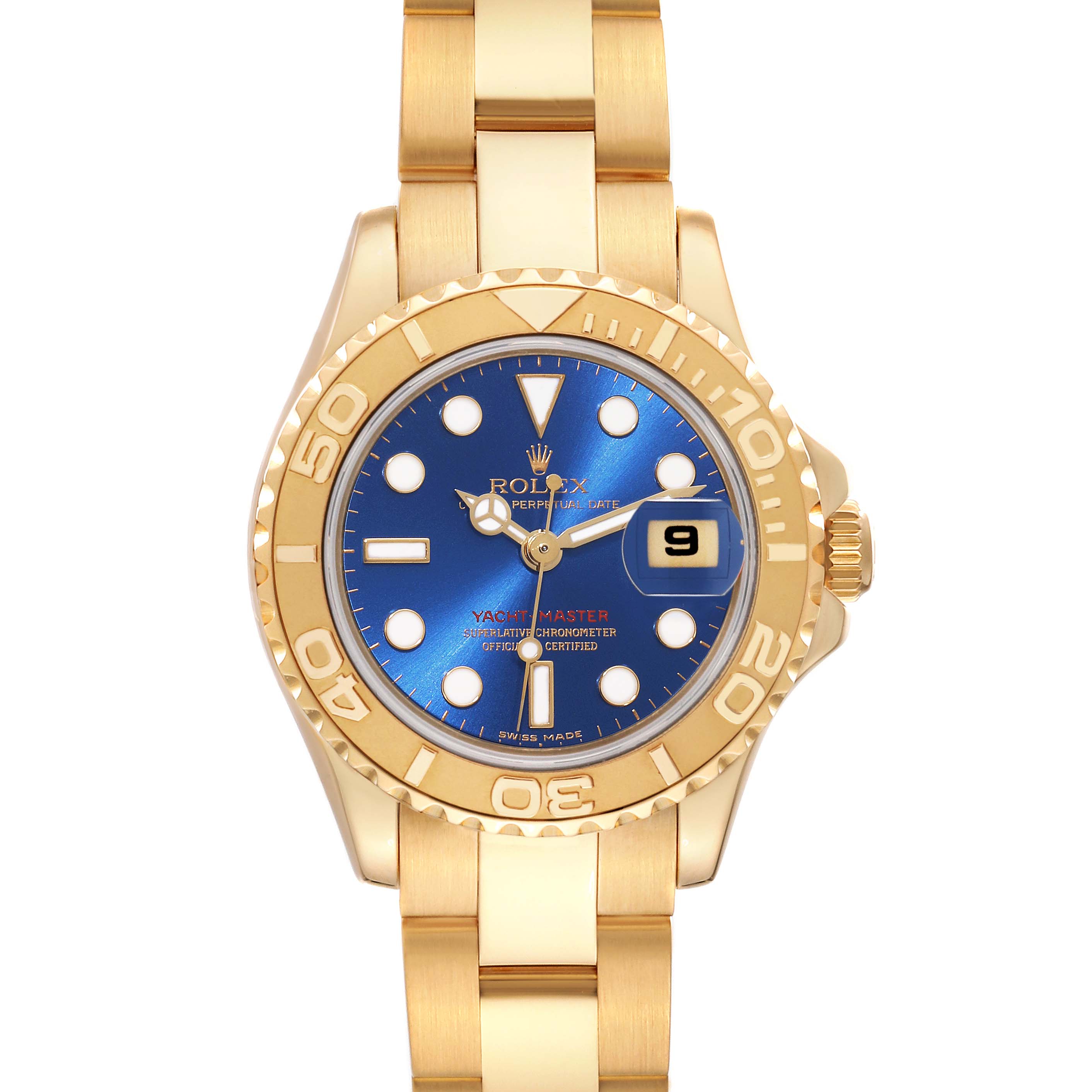 The Rolex Yacht-Master 69628 Women's Yellow Gold Blue Dial 69628 Women's Yellow Gold Blue Dial watch is shown from a top-down angle, displaying its face, bezel, bracelet, and crown.