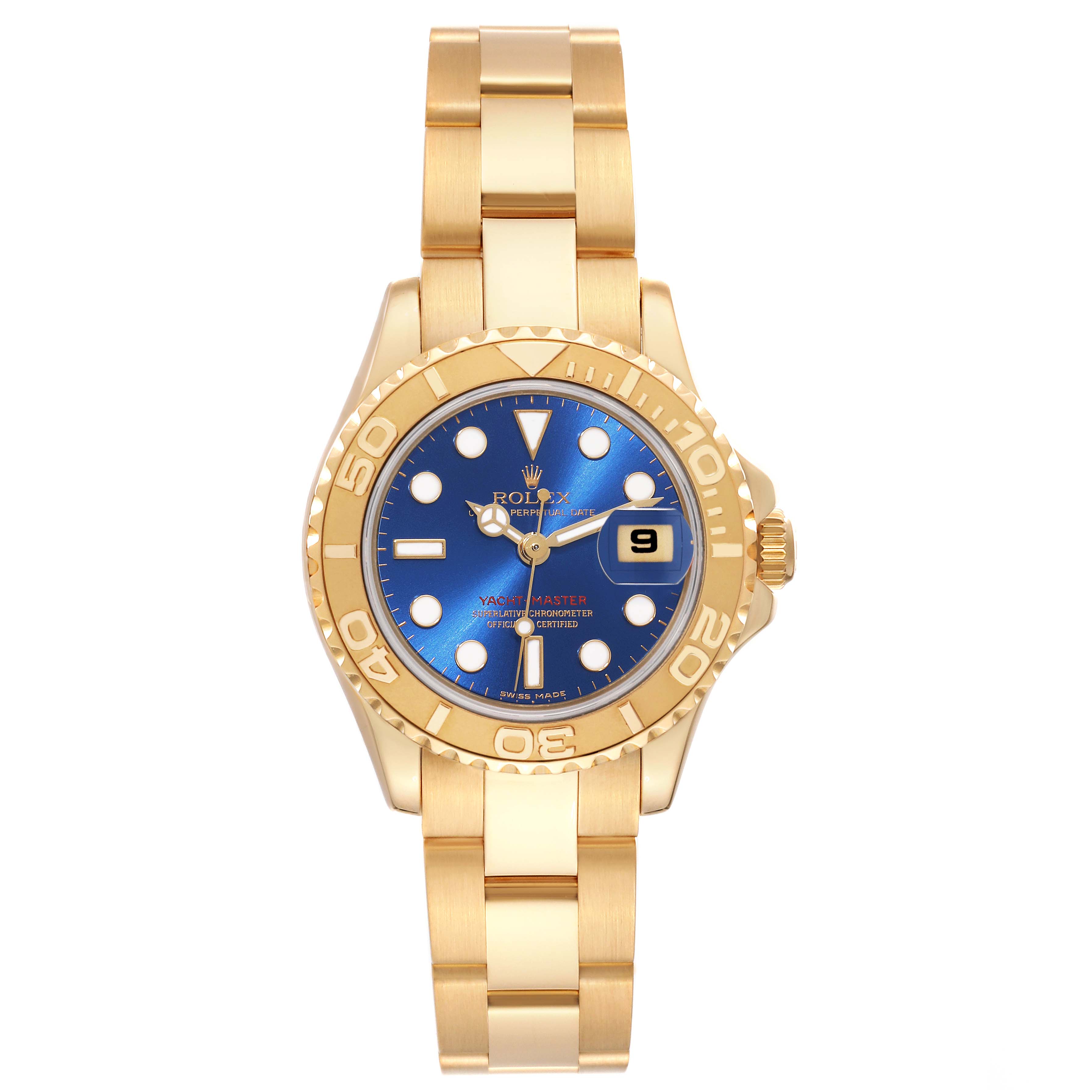 This image shows a frontal view of the Rolex Yacht-Master 69628 Women's Yellow Gold Blue Dial 69628 Women's Yellow Gold Blue Dial watch, featuring a blue dial, gold case, and bracelet.