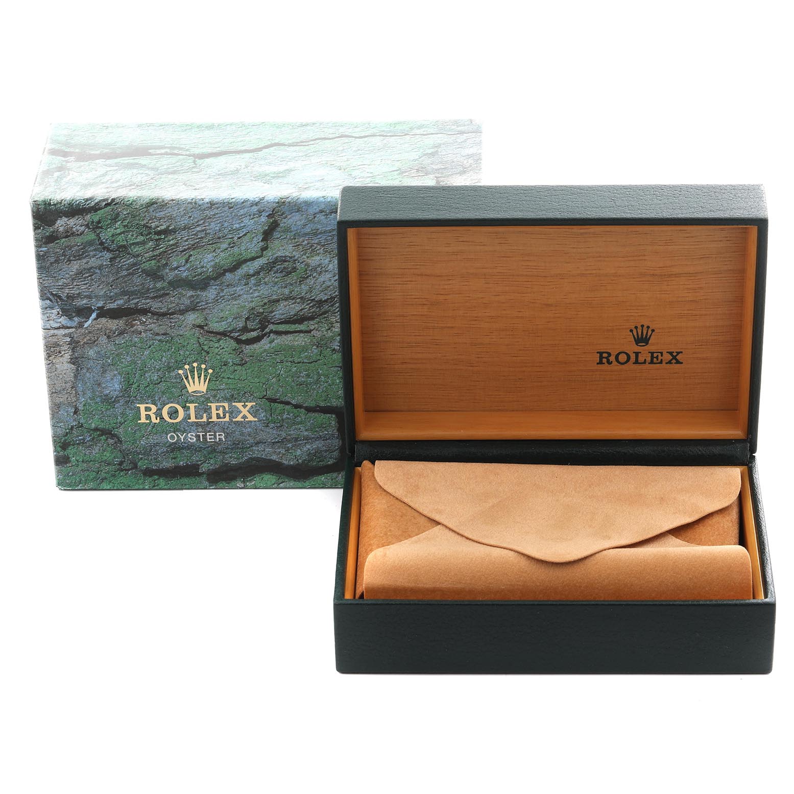 The image shows a Rolex Yacht-Master 168622 Men's Stainless Steel Silver Dial 168622 Men's Stainless Steel Silver Dial watch box and pouch, viewed from the front.