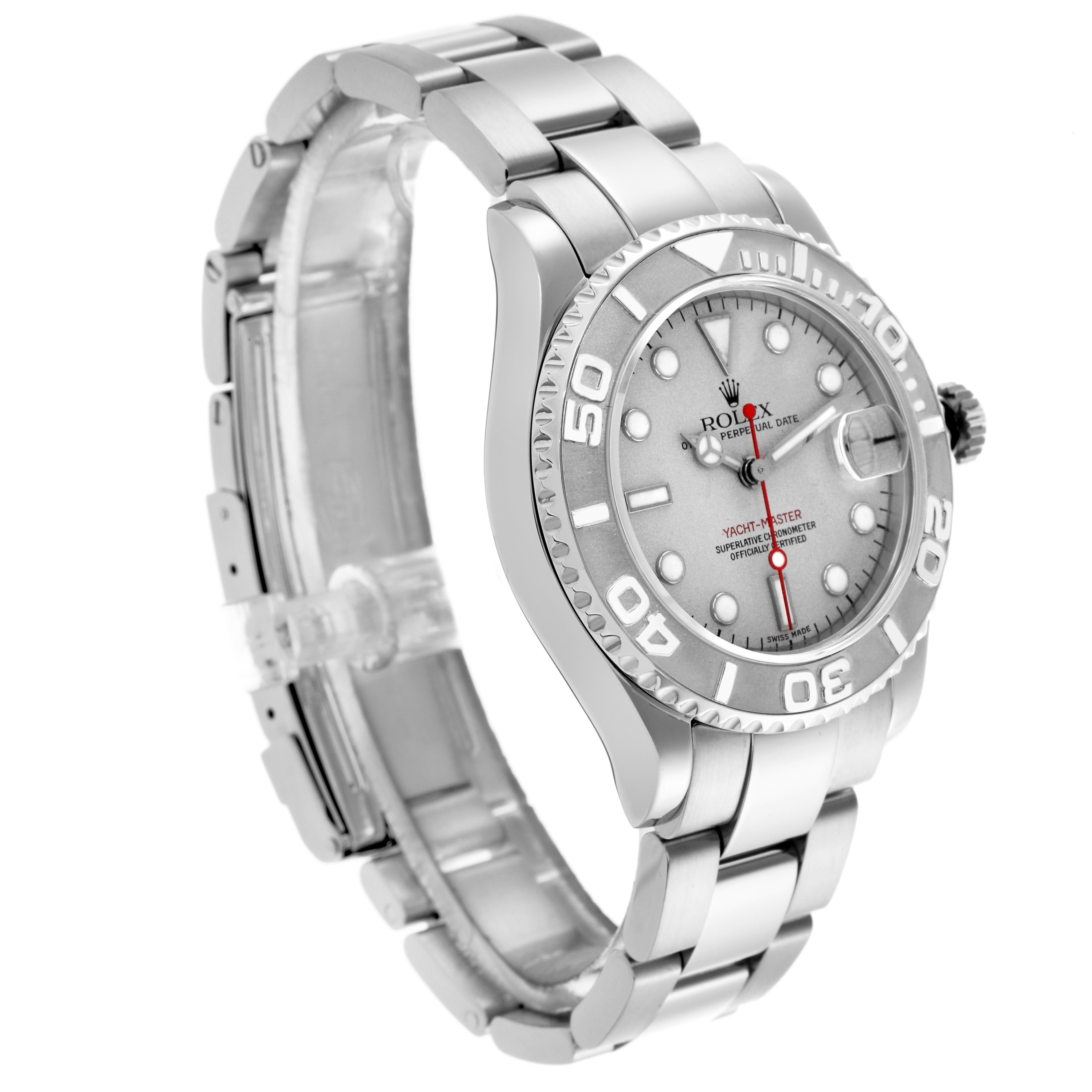 The Rolex Yacht-Master 168622 Men's Stainless Steel Silver Dial 168622 Men's Stainless Steel Silver Dial watch is shown at a three-quarter angle, displaying the dial, bezel, bracelet, and crown.