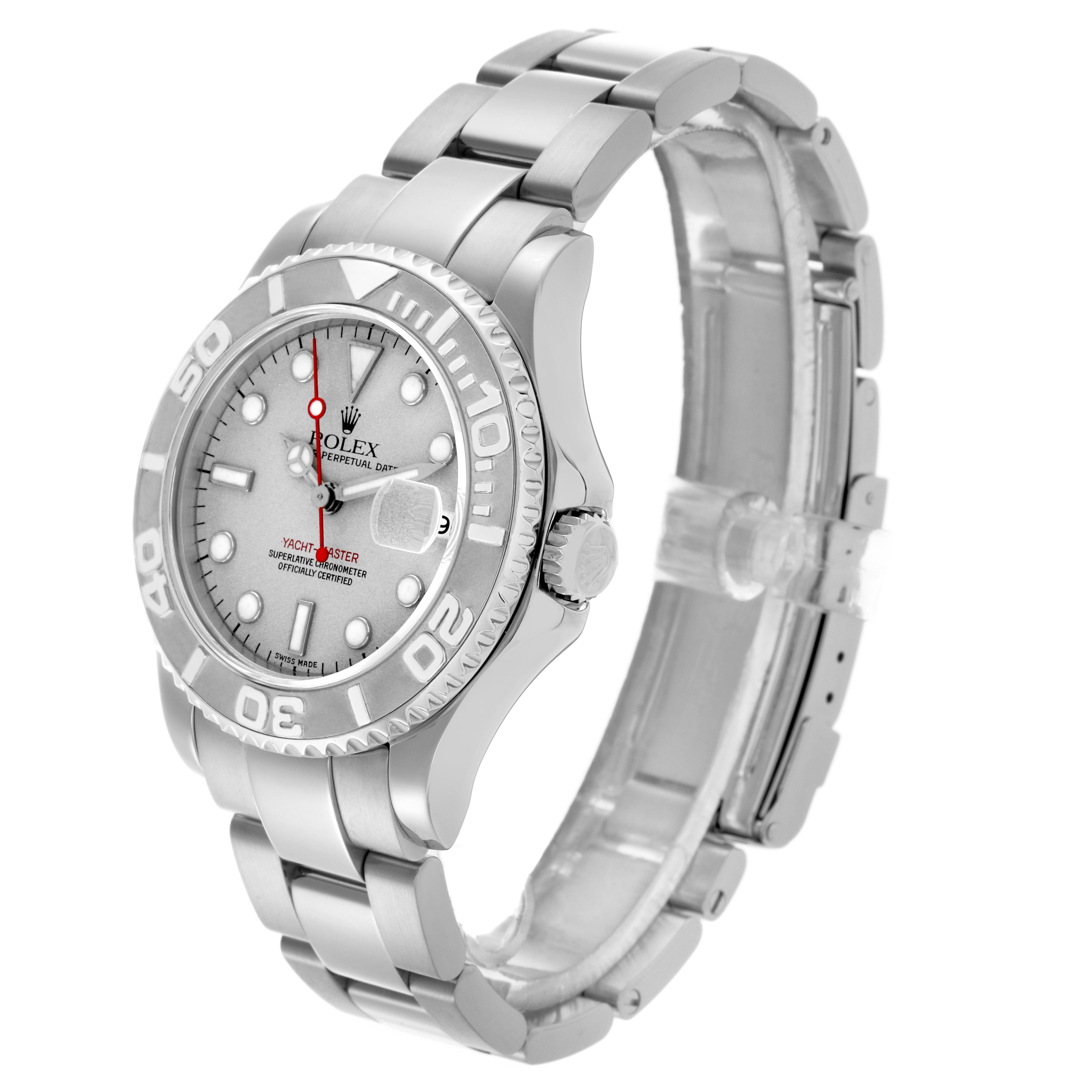 The Rolex Yacht-Master 168622 Men's Stainless Steel Silver Dial 168622 Men's Stainless Steel Silver Dial watch is shown at a three-quarter angle, displaying its face, bezel, and bracelet.