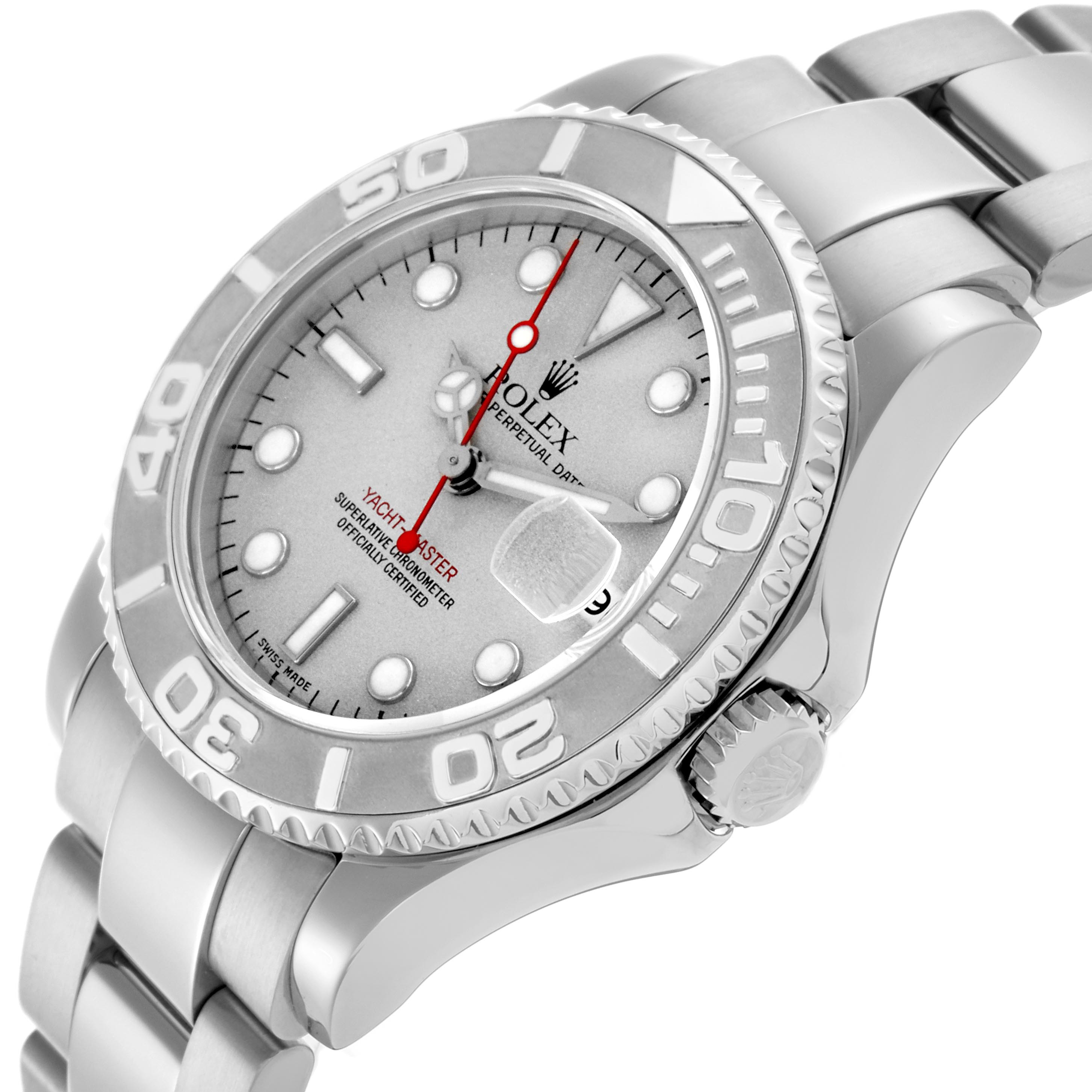 The Rolex Yacht-Master 168622 Men's Stainless Steel Silver Dial 168622 Men's Stainless Steel Silver Dial watch is shown at a slight angle, highlighting the bezel, dial, crown, and part of the bracelet.
