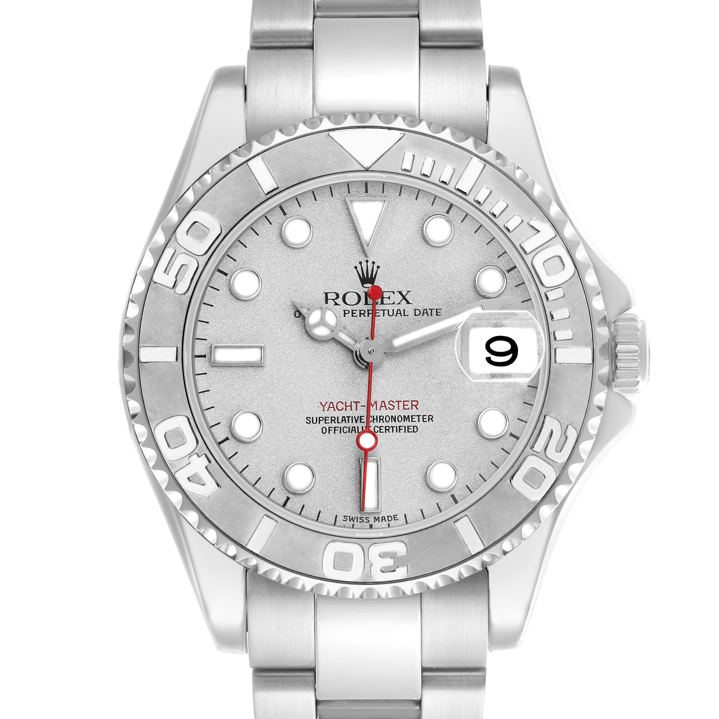The Rolex Yacht-Master 168622 Men's Stainless Steel Silver Dial 168622 Men's Stainless Steel Silver Dial watch is shown from the front, highlighting the dial, bezel, and part of the bracelet.