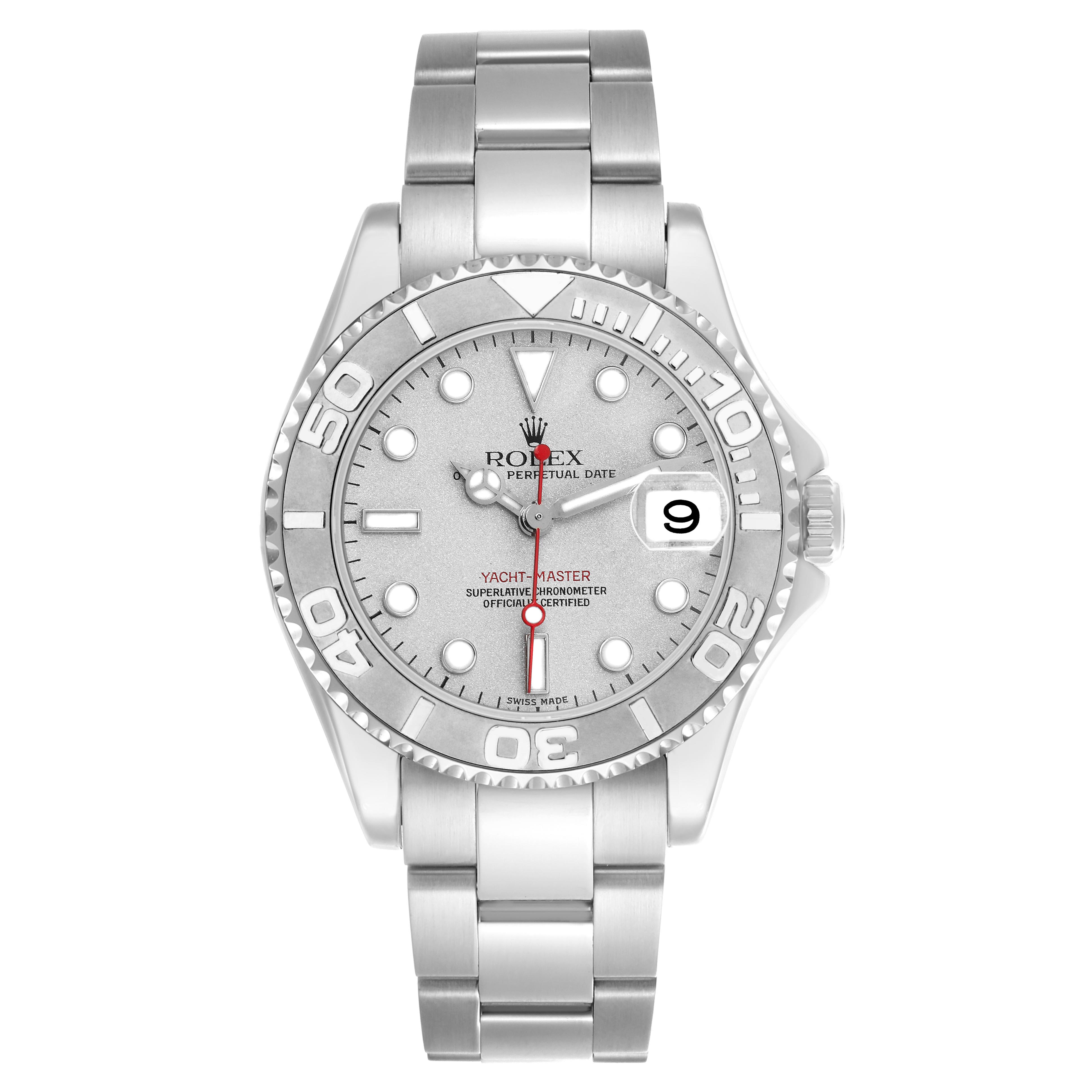 The Rolex Yacht-Master 168622 Men's Stainless Steel Silver Dial 168622 Men's Stainless Steel Silver Dial watch is shown from a top-down angle, displaying the face, bezel, bracelet, and crown.