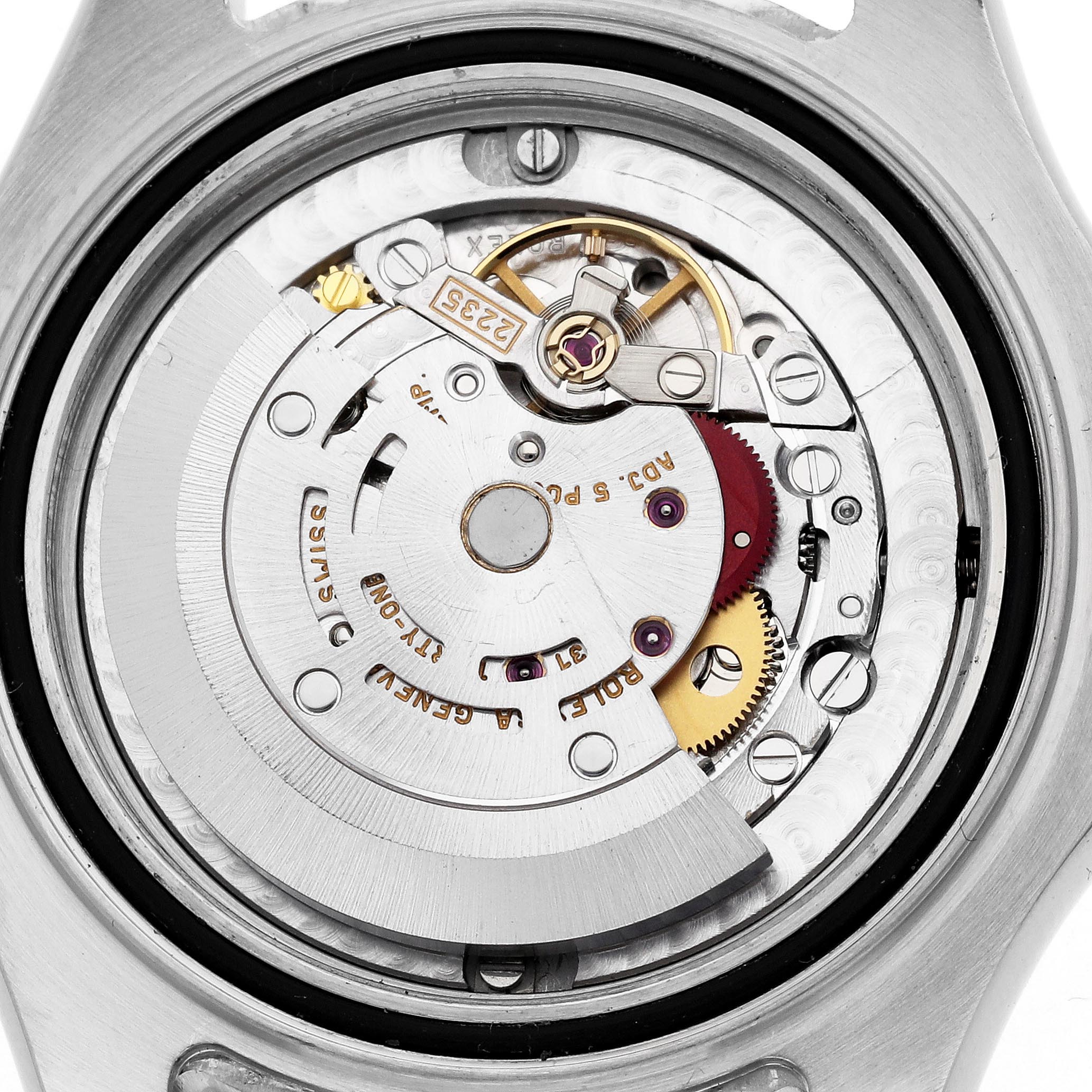 The image shows the movement mechanism of a Rolex Yacht-Master 168622 Men's Stainless Steel Silver Dial 168622 Men's Stainless Steel Silver Dial watch from a back angle.