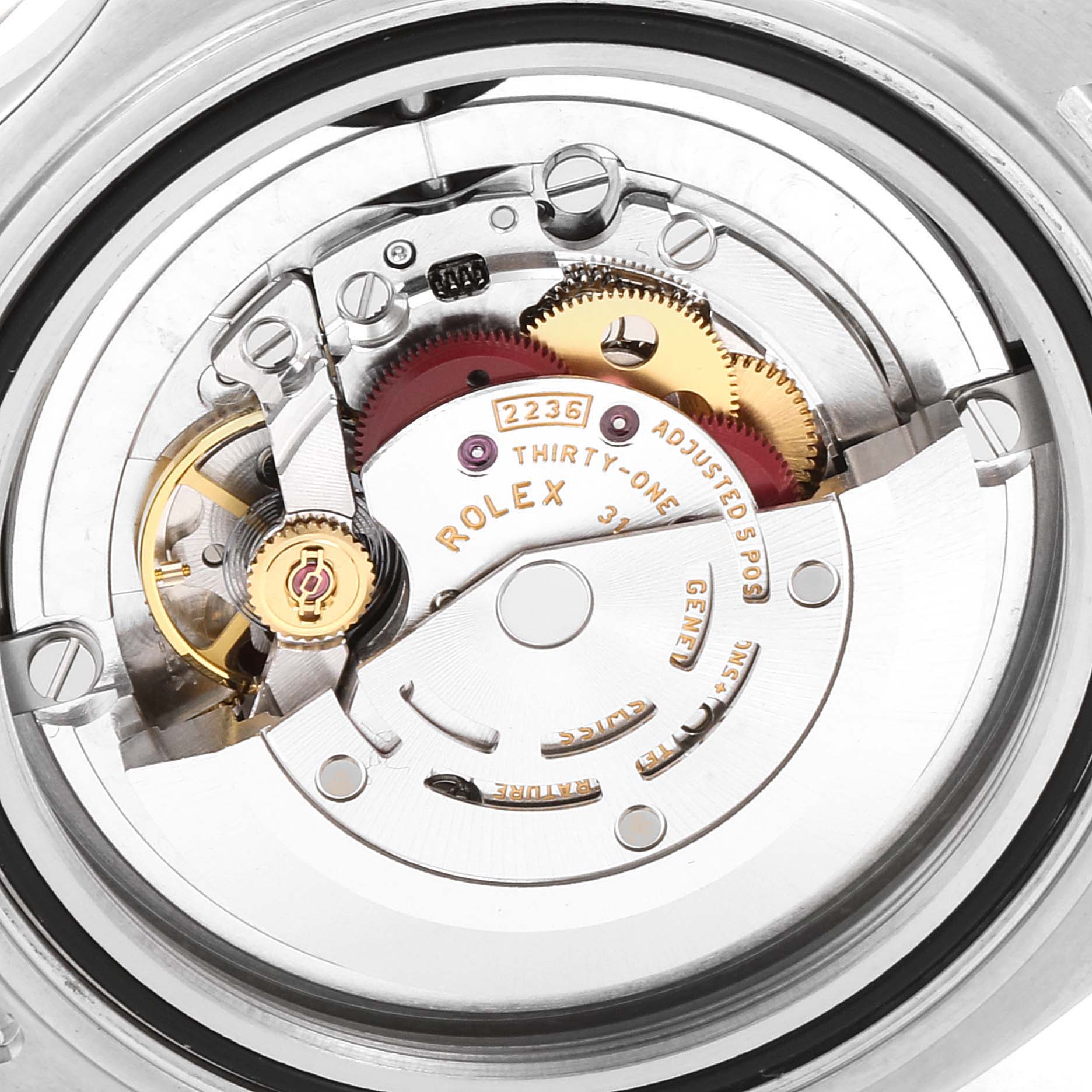 The image shows a close-up of the Rolex Yacht-Master 268622 Men
s Stainless Steel Grey Dial 268622 Men
s Stainless Steel Grey Dial’s movement assembly with visible gears and components.