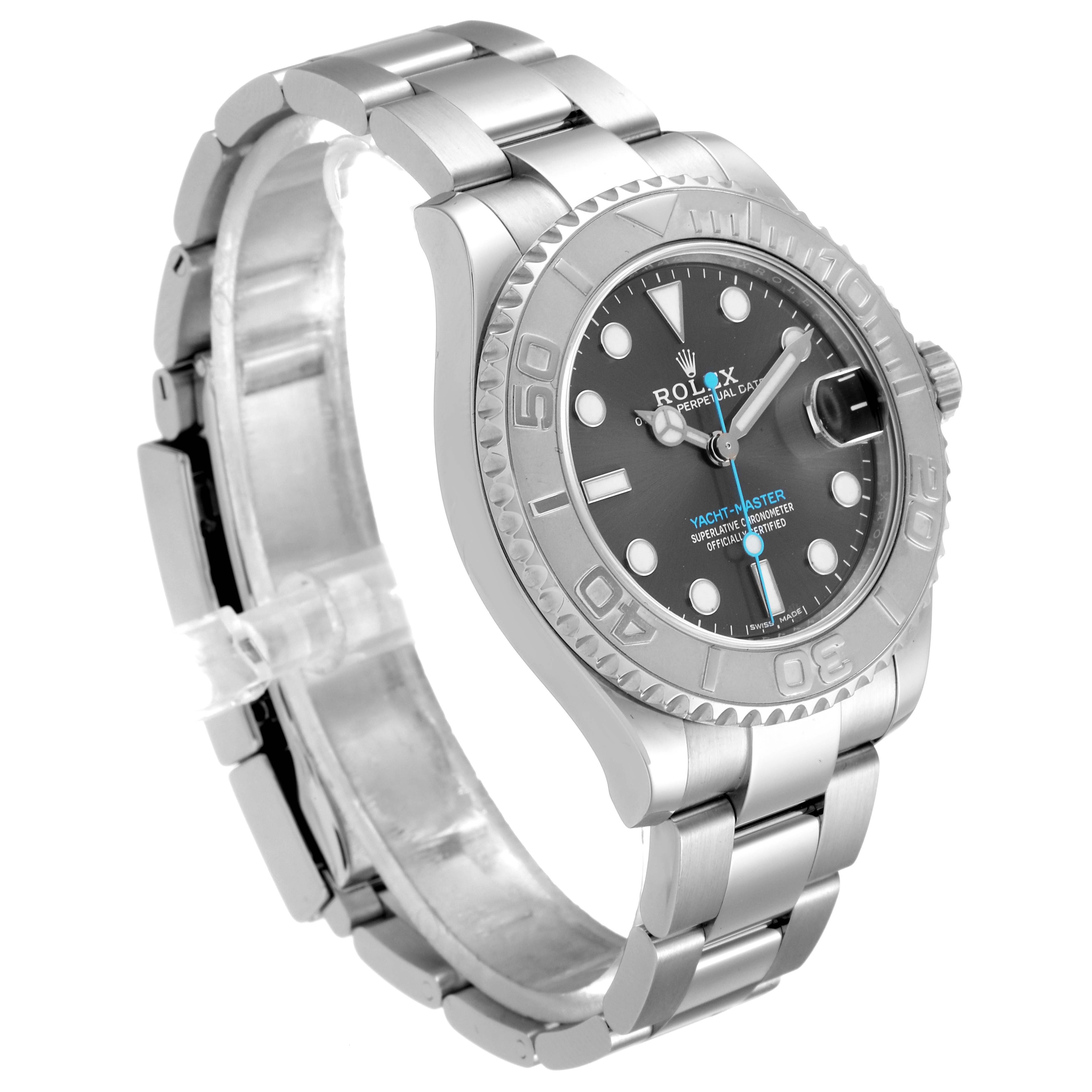 The Rolex Yacht-Master 268622 Men
s Stainless Steel Grey Dial 268622 Men
s Stainless Steel Grey Dial watch is shown from an angled side view, highlighting the face, bezel, and metal bracelet.