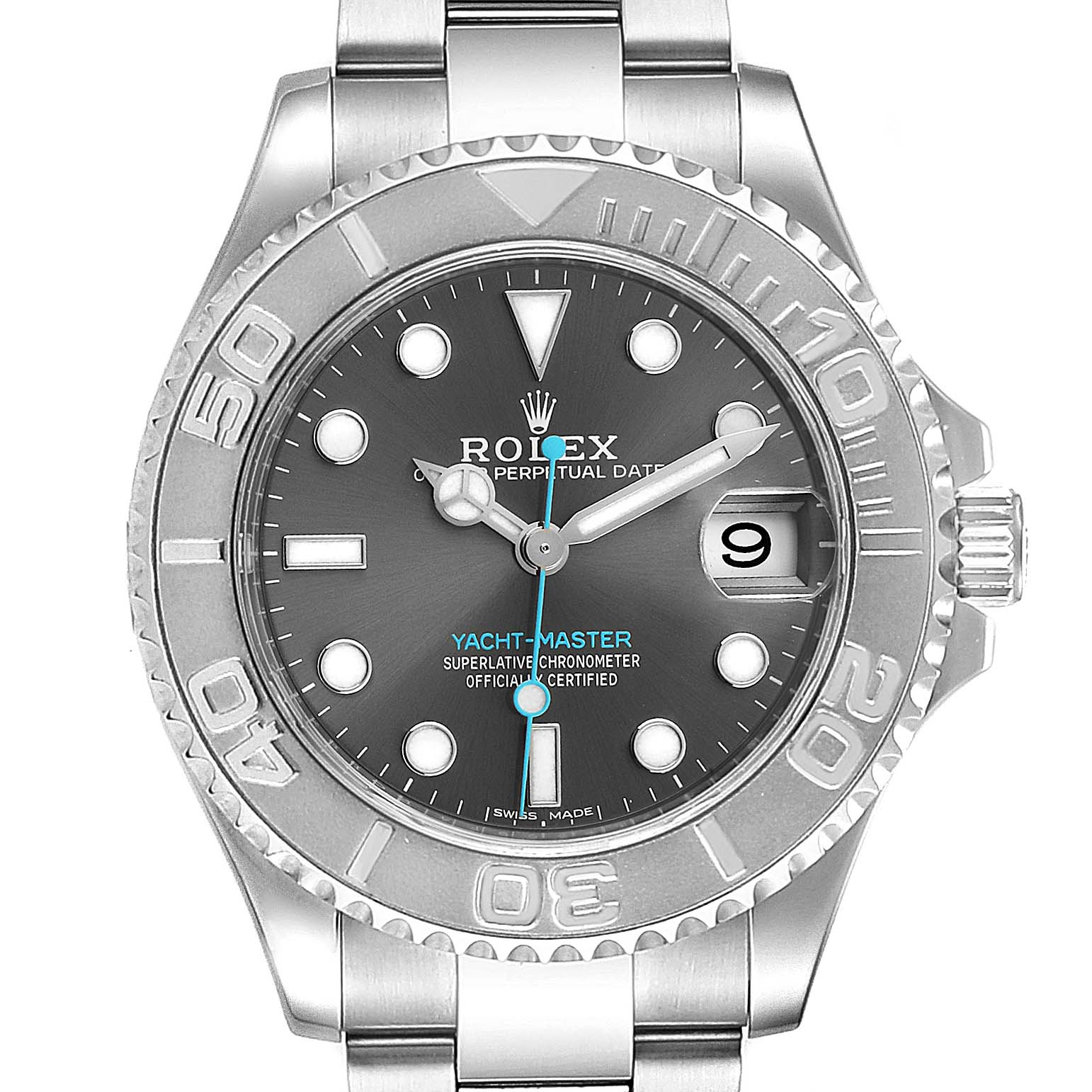 The image shows a frontal view of the Rolex Yacht-Master 268622 Men
s Stainless Steel Grey Dial 268622 Men
s Stainless Steel Grey Dial watch, displaying its bezel, dial, and bracelet.