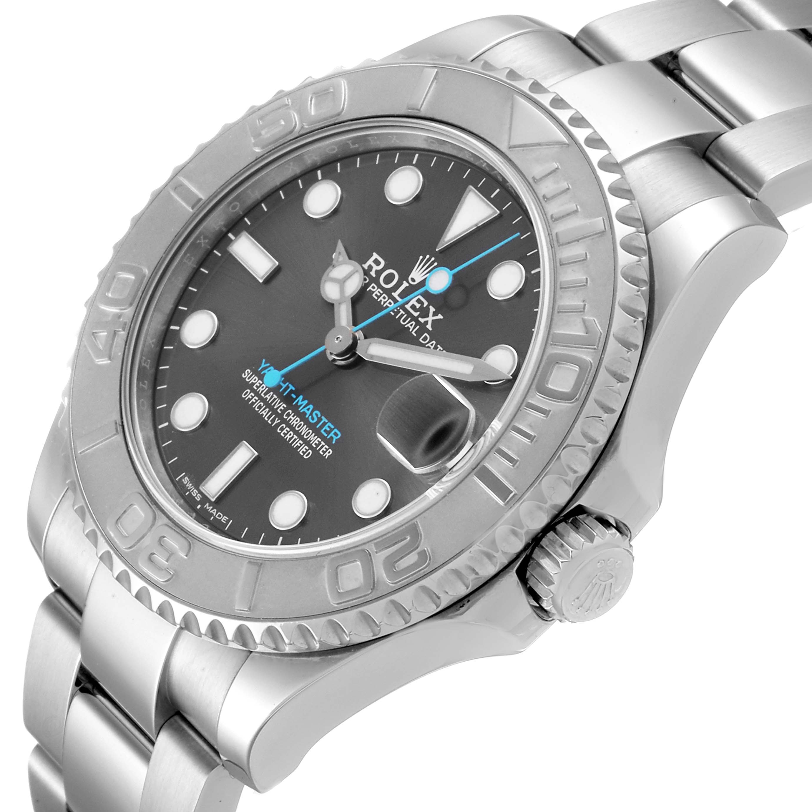 The Rolex Yacht-Master 268622 Men
s Stainless Steel Grey Dial 268622 Men
s Stainless Steel Grey Dial watch is shown at an angled view highlighting the bezel, dial, crown, and part of the bracelet.