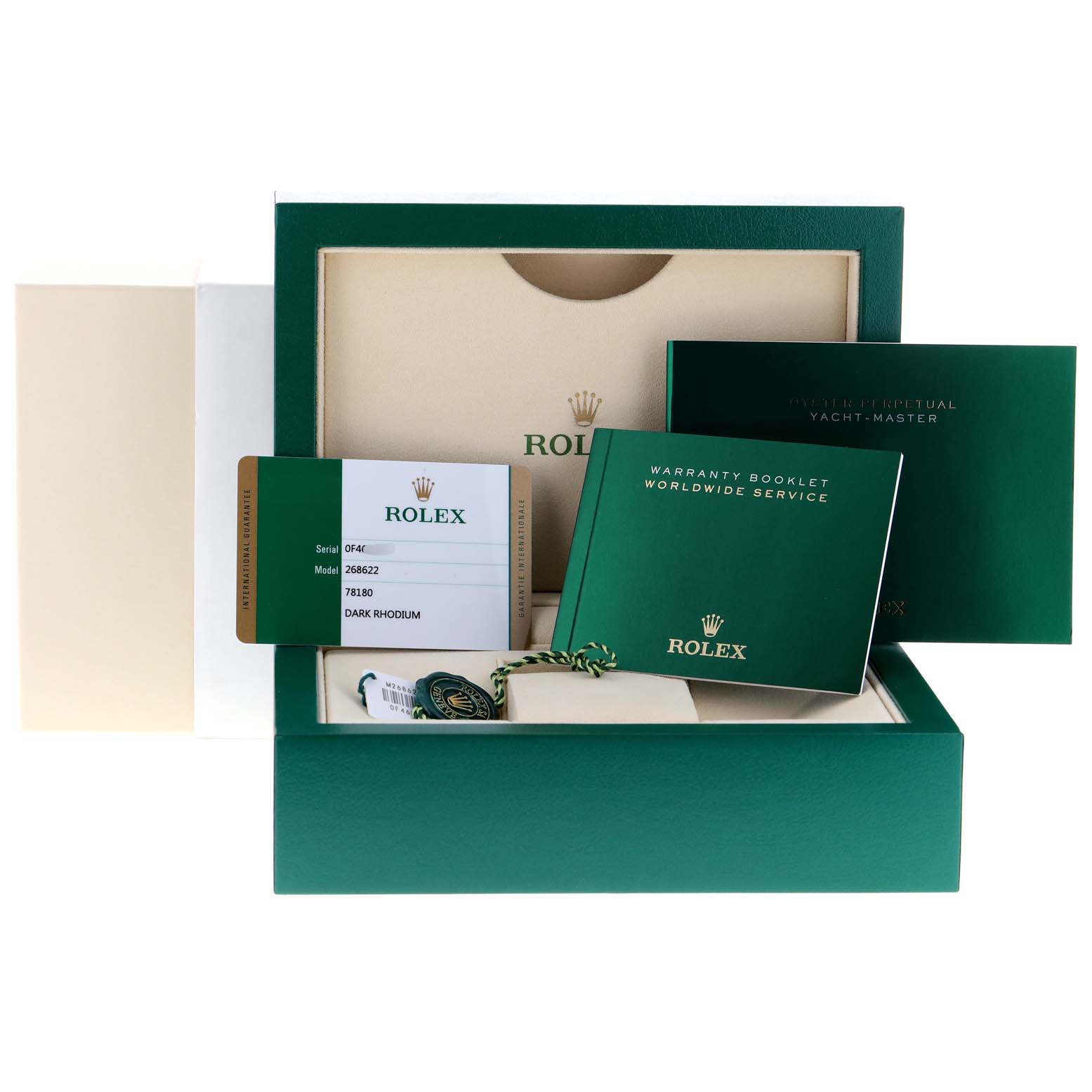 The image shows the packaging and accessories for the Rolex Yacht-Master 268622 Men
s Stainless Steel Grey Dial 268622 Men
s Stainless Steel Grey Dial, including warranty cards and booklets.