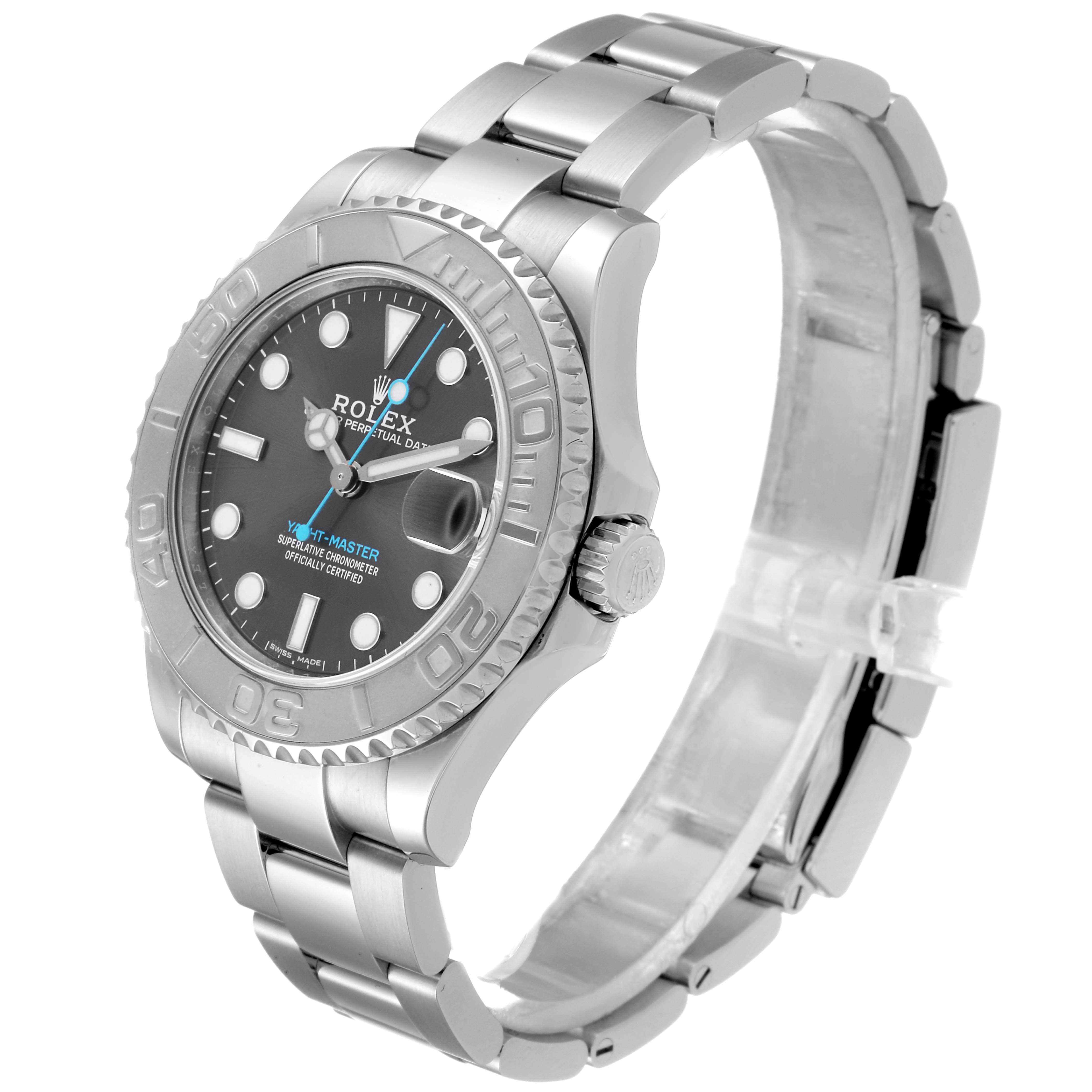 This image shows a Rolex Yacht-Master 268622 Men
s Stainless Steel Grey Dial 268622 Men
s Stainless Steel Grey Dial watch from a left-angled view, highlighting the dial, bezel, bracelet, and crown.