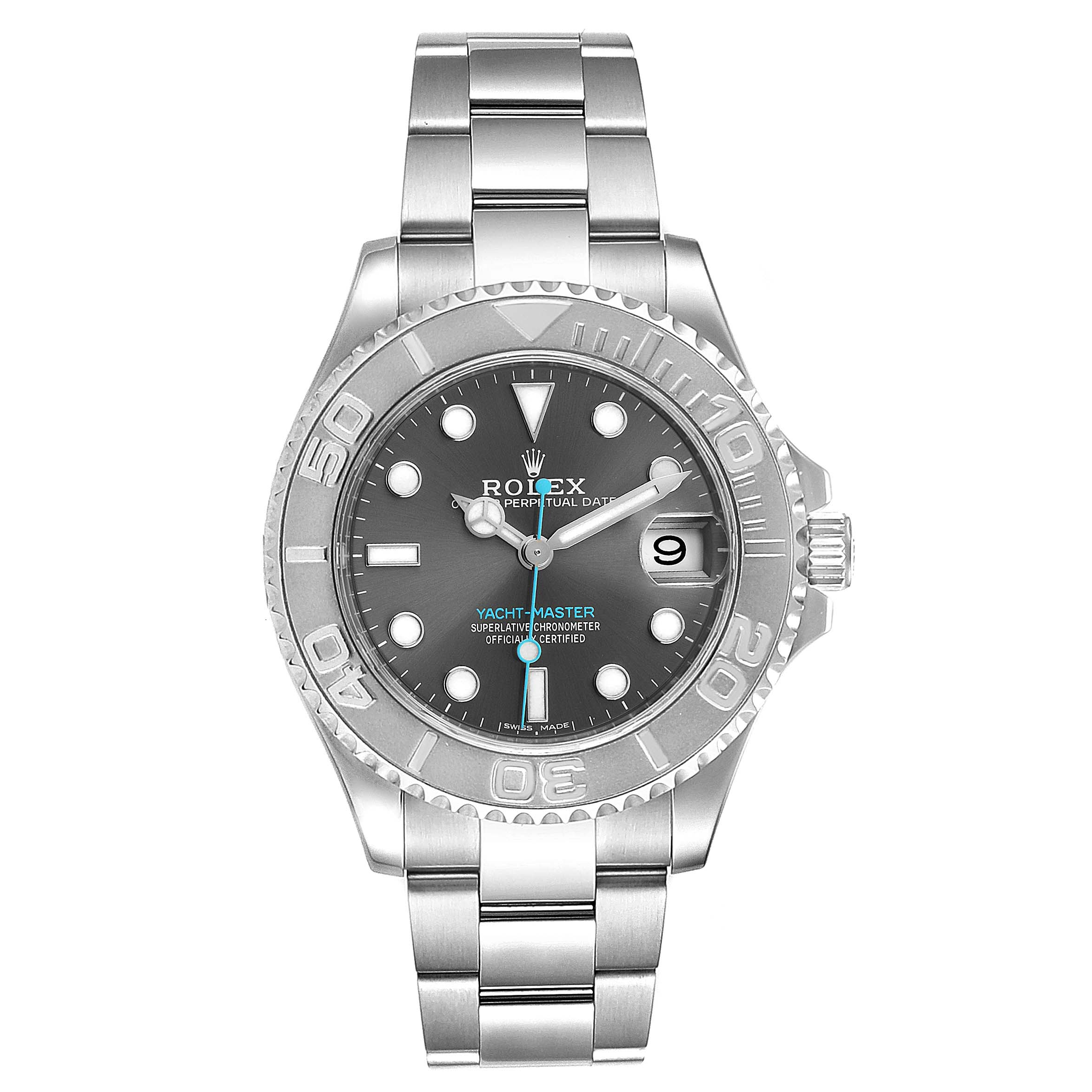 The image shows a front view of a Rolex Yacht-Master 268622 Men
s Stainless Steel Grey Dial 268622 Men
s Stainless Steel Grey Dial watch, highlighting the face, bezel, and bracelet.