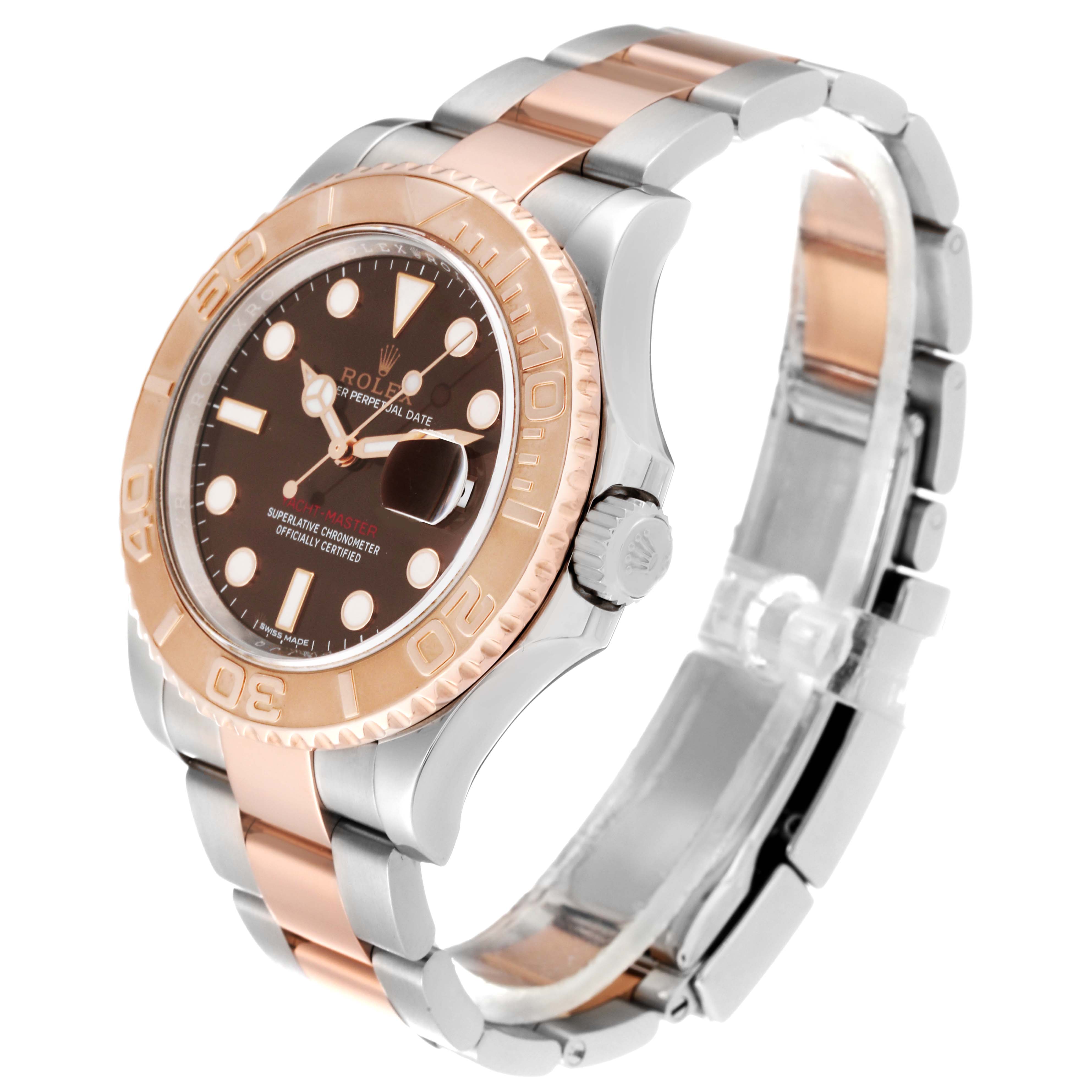 This Rolex Yacht-Master 116621 Men's Steel and Gold (two tone) Brown Dial 116621 Men's Steel and Gold (two tone) Brown Dial watch is shown at a three-quarter angle, highlighting its dial, bezel, and two-tone bracelet.